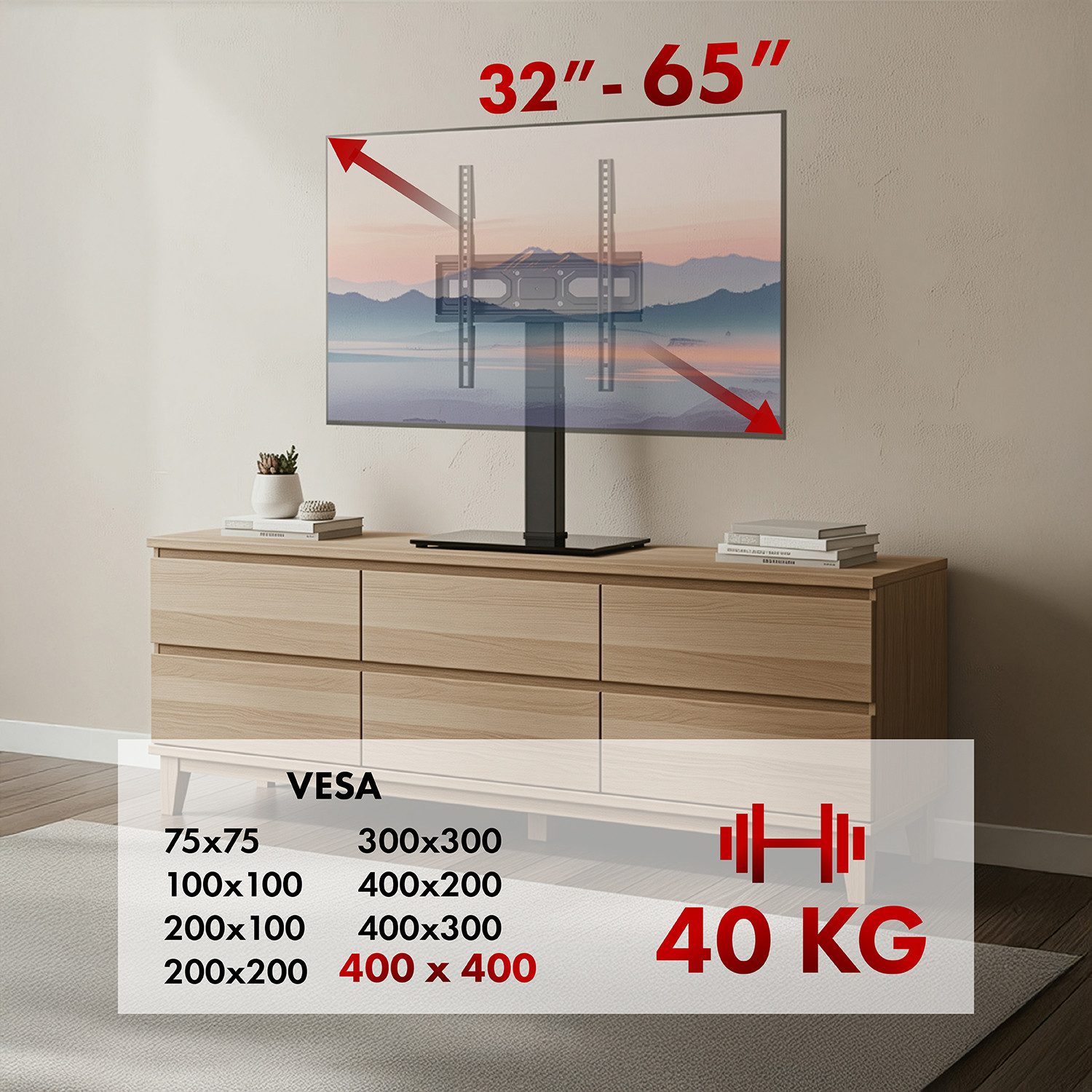 Maclean TV-Standfuß MC-1240 TV-Ständer für 32-65'', (bis 65 Zoll, Universal-TV-Ständer für RTV-Schrank max. 40kg)
