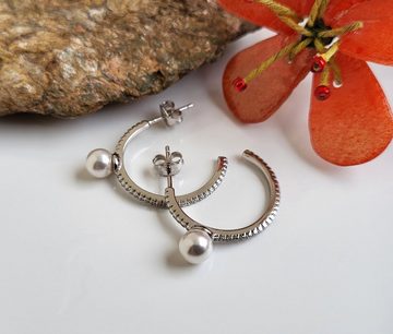 Schöner-SD Perlenohrringe Schmale Halb- Creolen Silberohrringe mit Zirkonia und kleiner Perle, 925 Silber