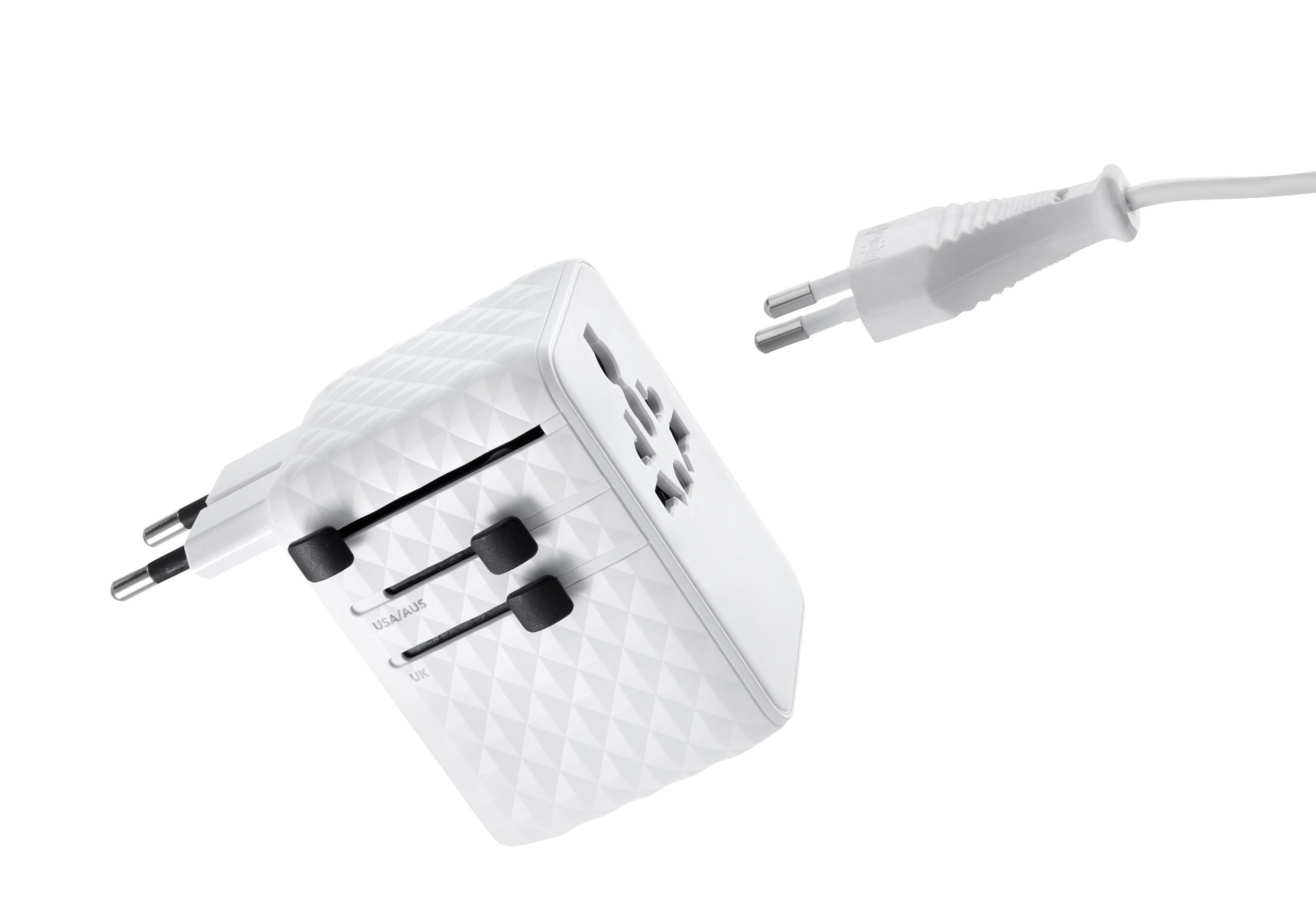 TROIKA WORLDWIDE PULL 35, für über 200 Länder GaN3 Schnellladen 35W USB-C Reiseadapter EU/USA/AUS/CHN/UK/JP zu USB-A, USB-C, 75 cm, ausziehbares Kabel, 6 Geräte gleichzeitig laden, universaladapter
