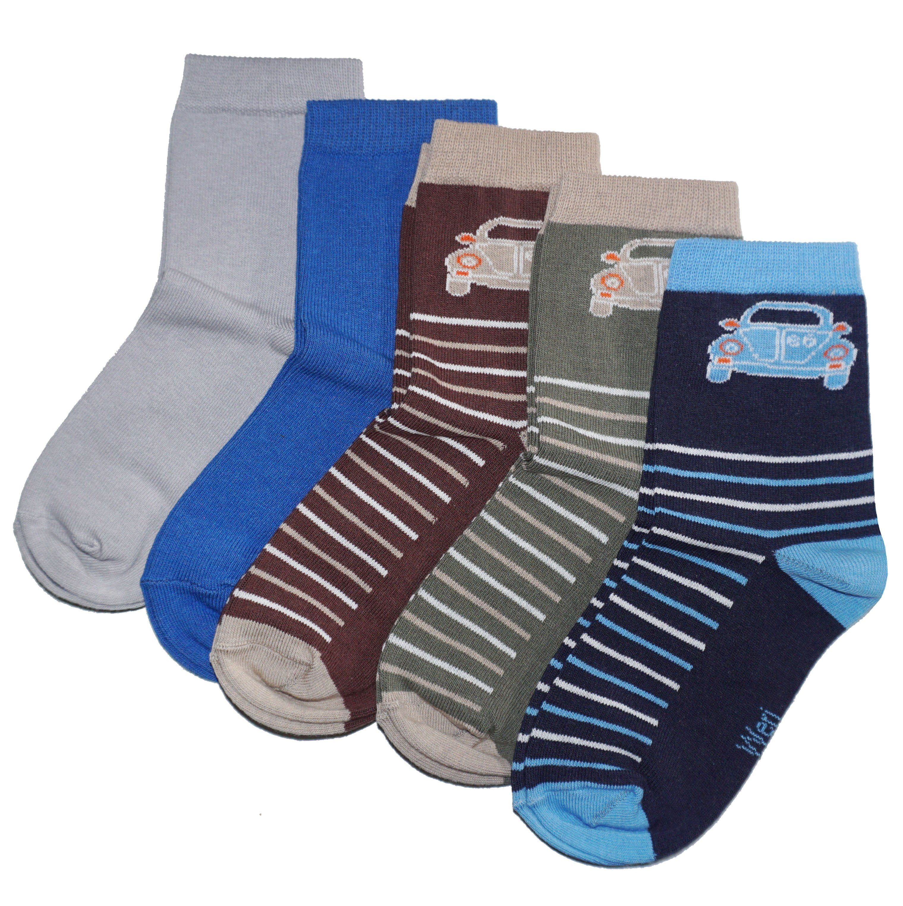WERI SPEZIALS Strumpfhersteller GmbH Basicsocken Kinder Socken 5-er Pack für Jungs >>Autos und Ringel<< aus Baumwolle (Set) 5er-Pack