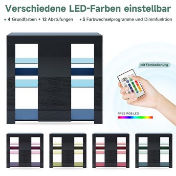 SONNI Sideboard Sideboard Küchenschrank mit LED Beleuchtung 90x35x83cm, Hochglanz, mit Schranktür und 4 glas Einlegeböden, Wohnzimmerschrank
