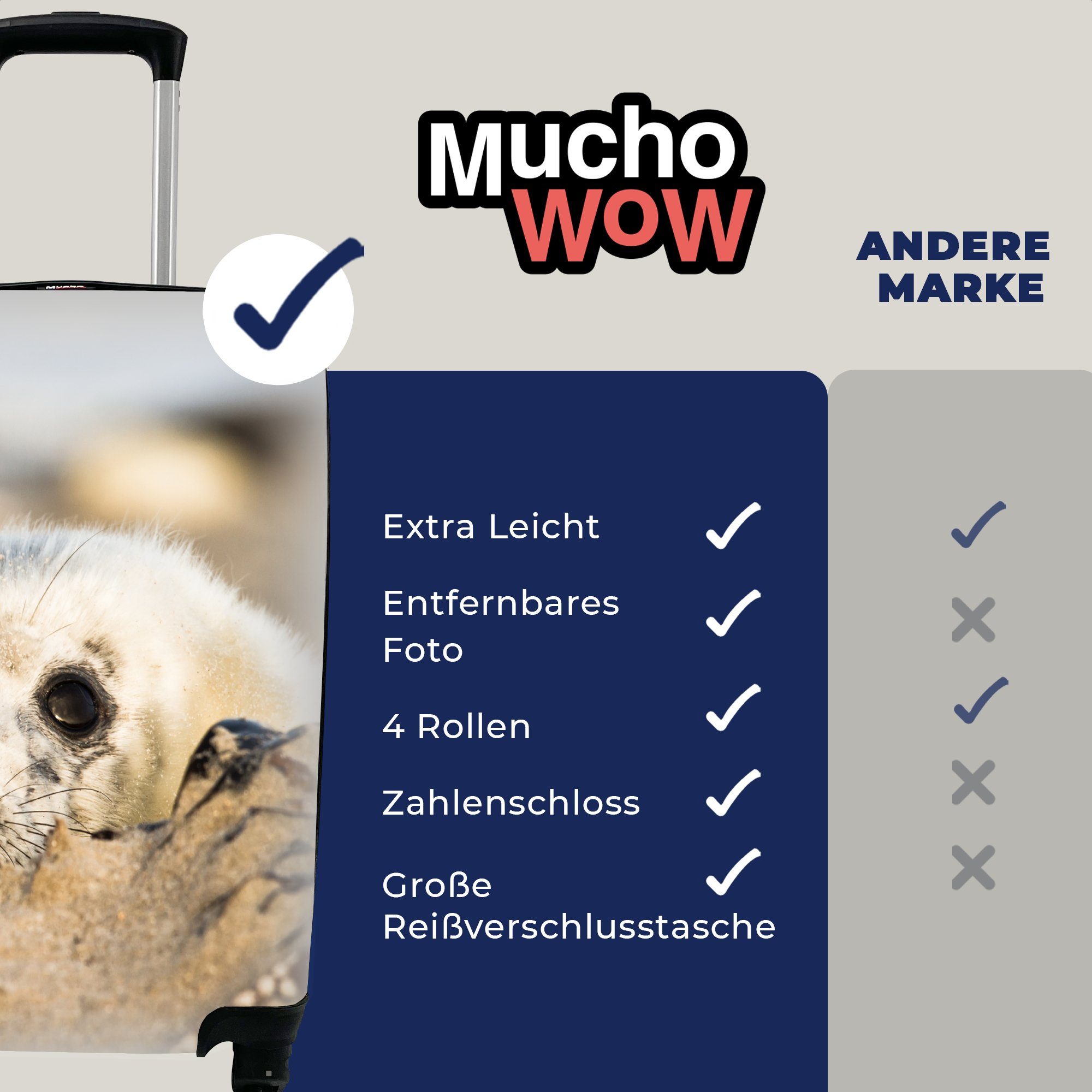 mit MuchoWow Reisekoffer Sandhügeln Reisetasche 4 Ferien, Robbe für Handgepäckkoffer rollen, hinter Rollen, Trolley, versteckt, Handgepäck