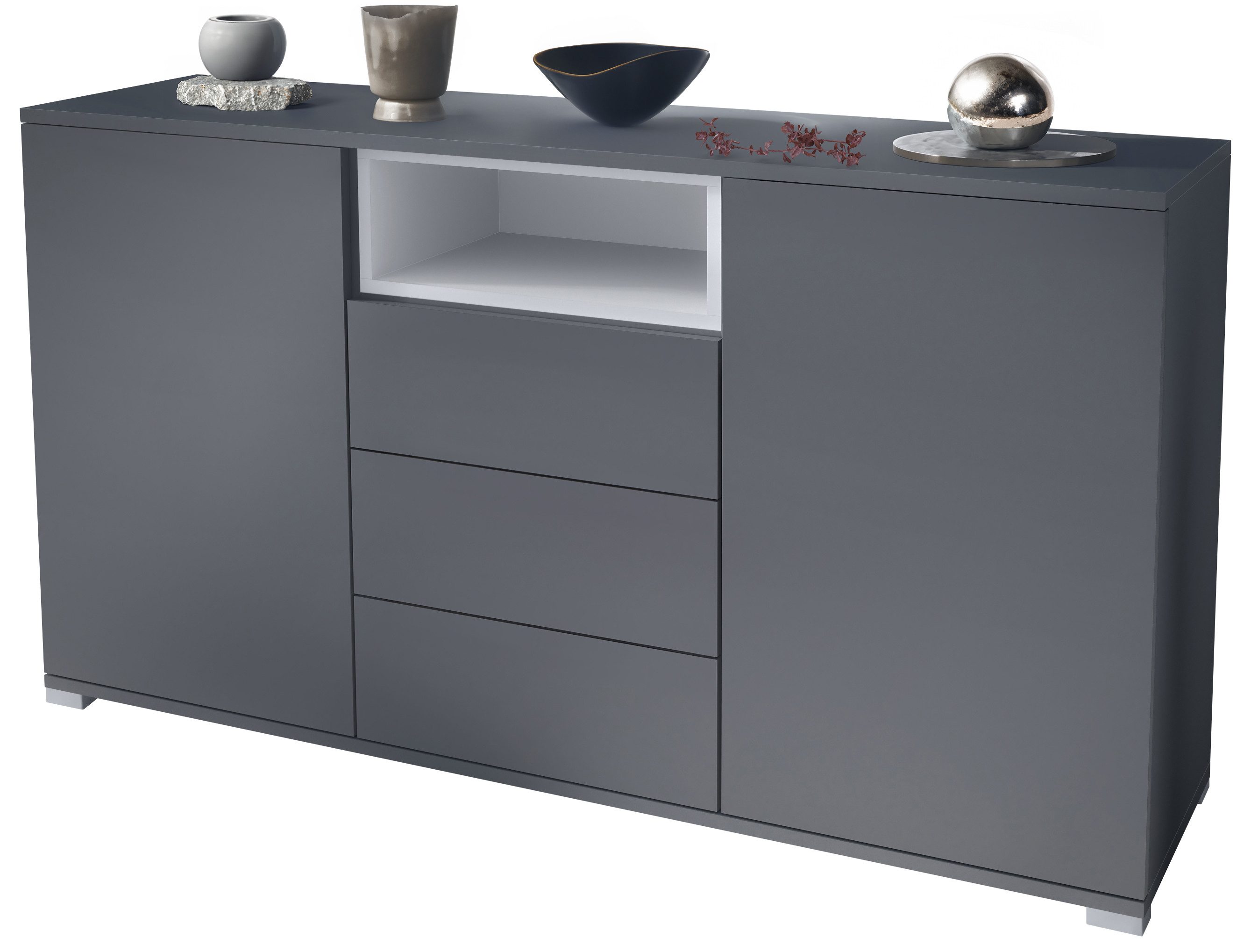 Vladon Sideboard Skadu V2 (Kommode, mit 2 Türen, 3 Schubladen und 1 offenem Fach), Anthrazit matt/Weiß matt (138,5 x 75,5 x 35 cm)