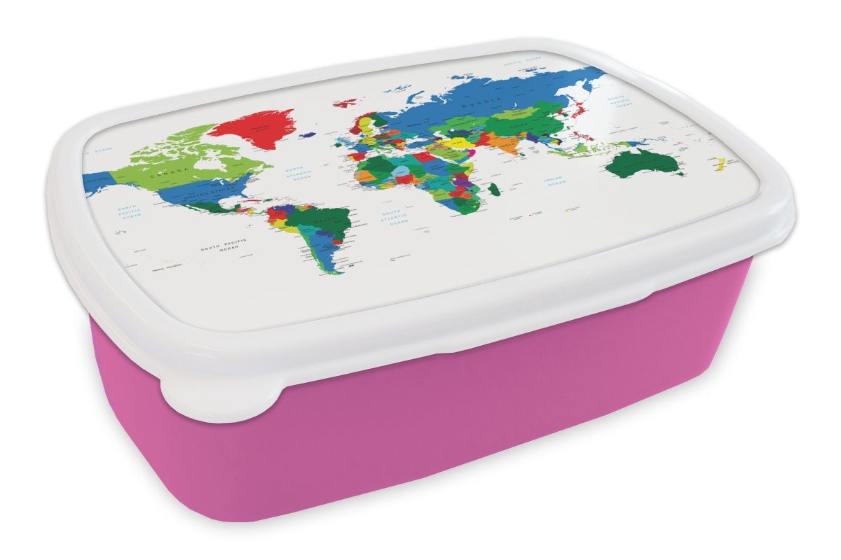 MuchoWow Lunchbox Weltkarte - Farben - Topographie - Kinder - Jungen - Mädchen, Kunststoff, (2-tlg), Brotbox für Erwachsene, Brotdose Kinder, Snackbox, Mädchen, Kunststoff rosa