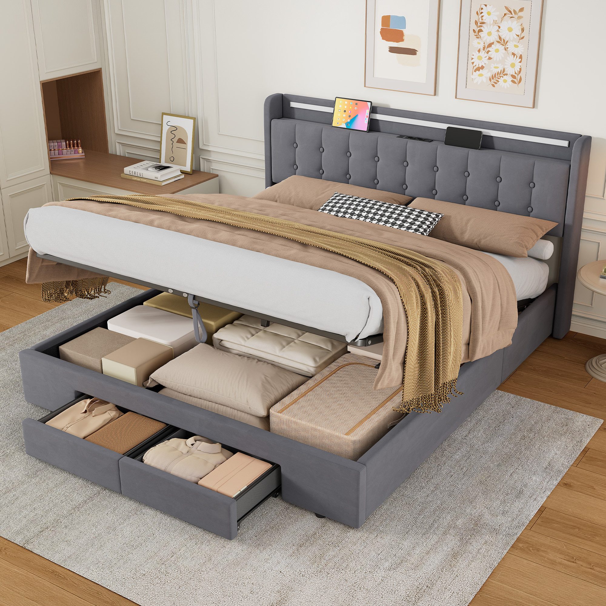 HAUSS SPOLE Polsterbett Stauraumbett mit Bettkasten,Einzelbett- oder Doppelbett erhältlich (160×200 Bettgestell Komfort-Einzelbett Schlafzimmerbett aus Samt, stabile Stahl-Holz-Konstruktion für hohen Schlafkomfort), Bettrahmen ohne Matratze