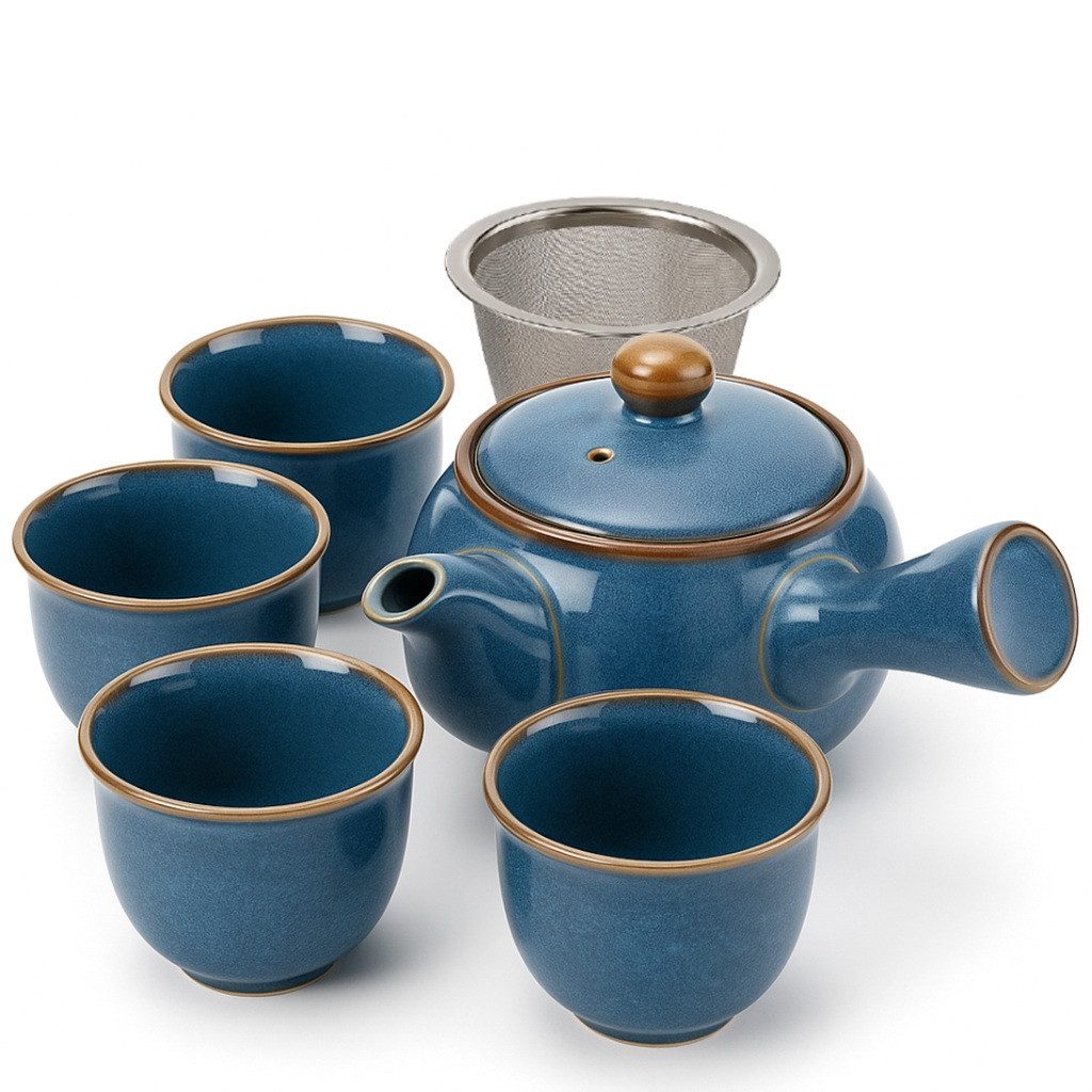 Goodwei Teeservice Japanisches Kyusu Teeset „Umi“ – Seitengriffkanne mit Sieb, 4 Tassen (5-tlg), 1 Personen, Keramik, handgearbeitet