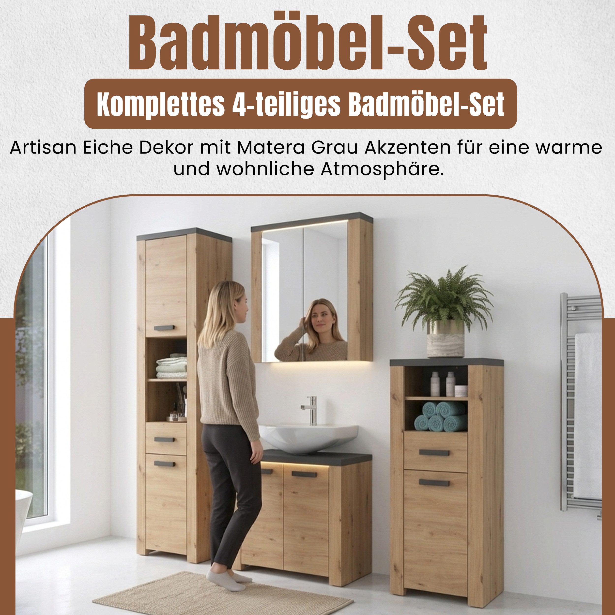trendteam Badmöbel-Set Badezimmer-Set Follow, Artisan Eiche / Matera grau, 4-teilig, (4-St), Badmöbel, Badkombination, Badezimmer Set, 4-teilig