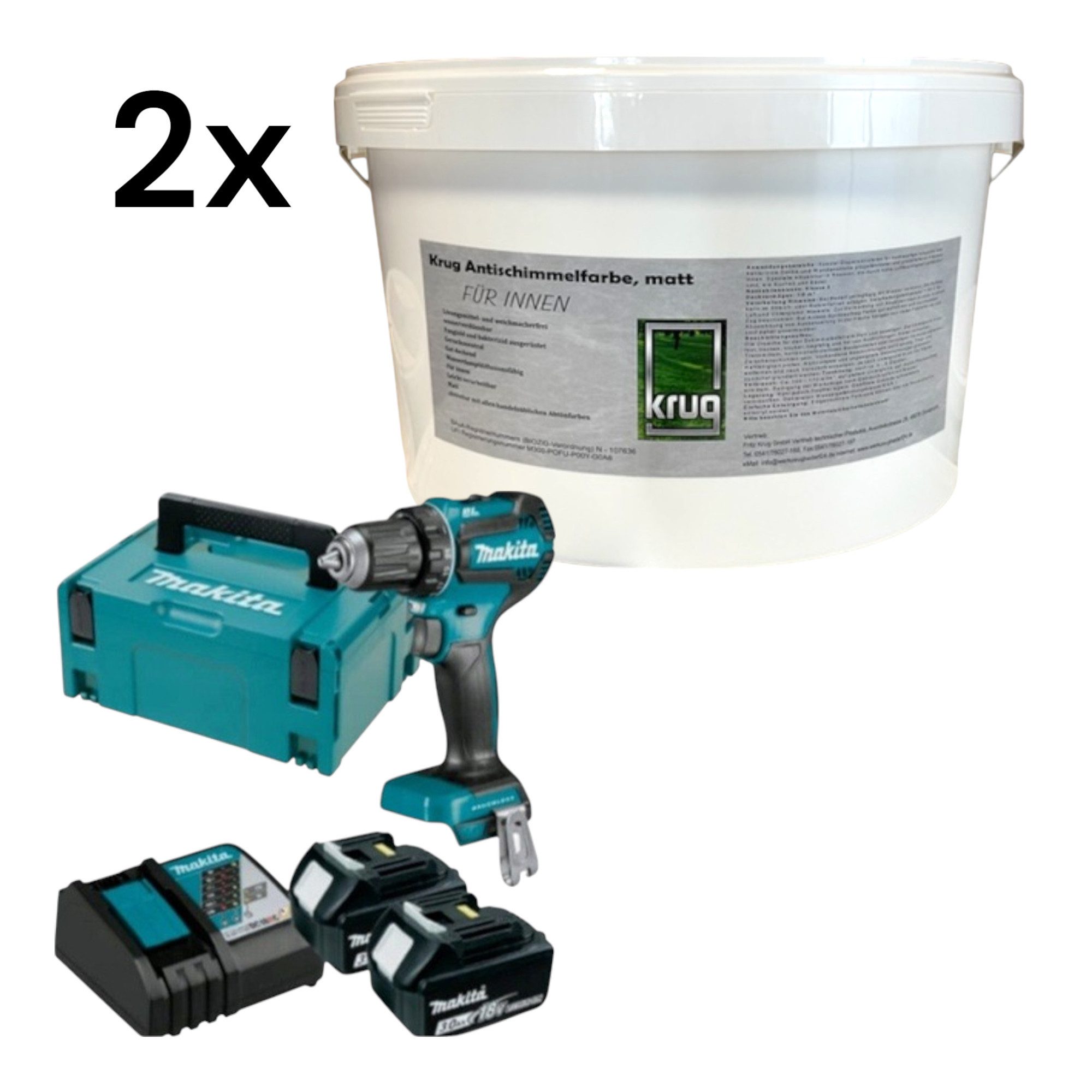 Makita Feuchtraumfarbe Set 2 x Krug Antischimmelfarbe Matt 12,5 Liter+ Makita DDF485RFJ2 2 x