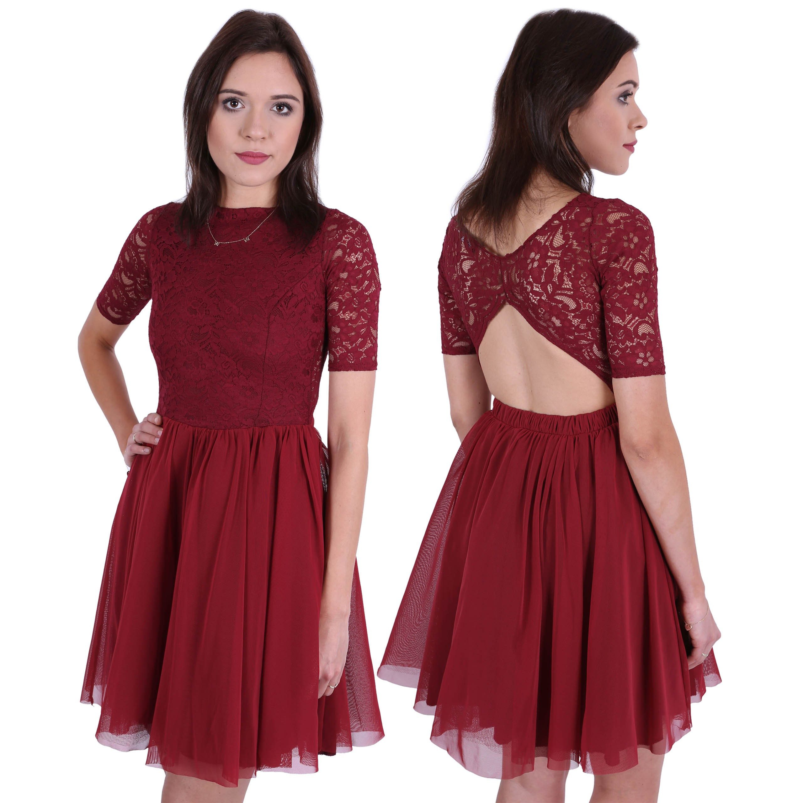 Midikleid Dunkelrotes Tüllkleid mit Oberteil aus Spitze John Zack XL