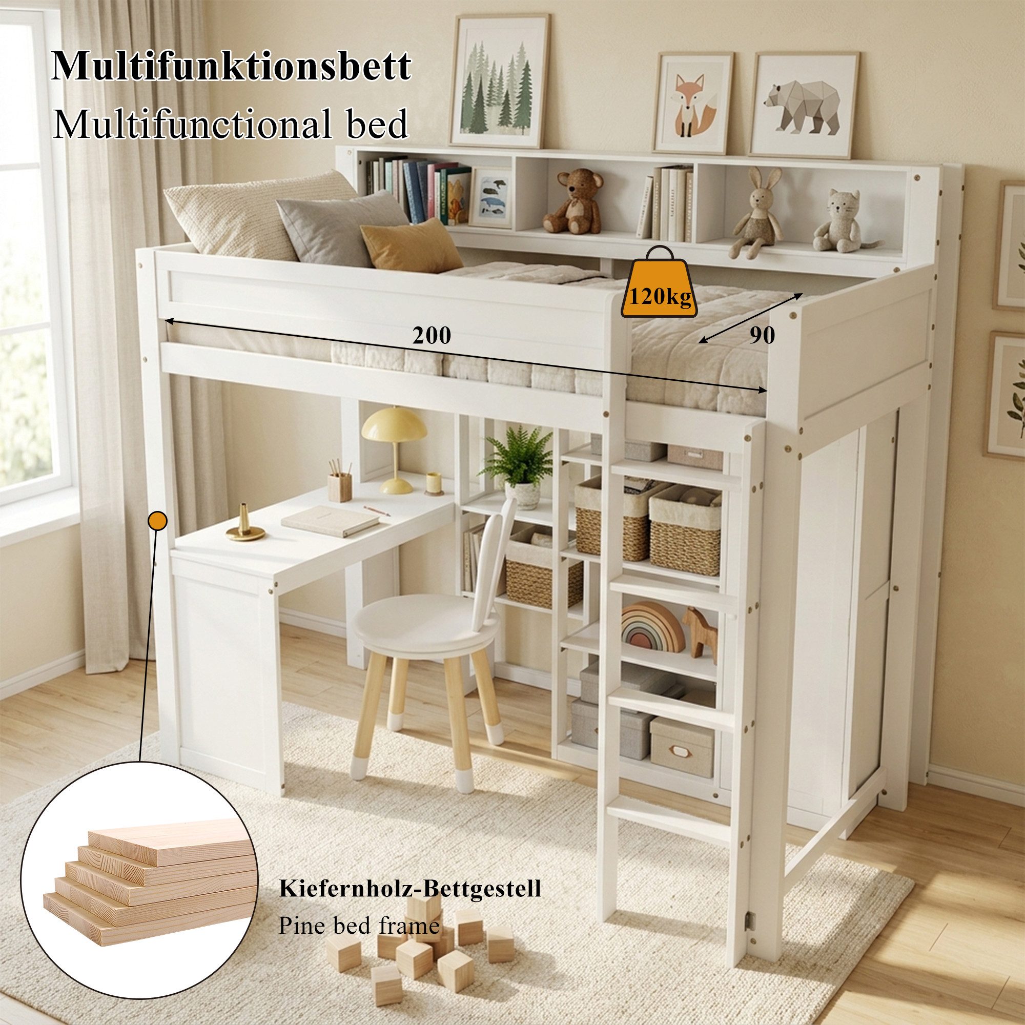 Flieks Hochbett Etagenbett Kinderbett 90x200cm mit Schreibtisch und Kleiderschrank
