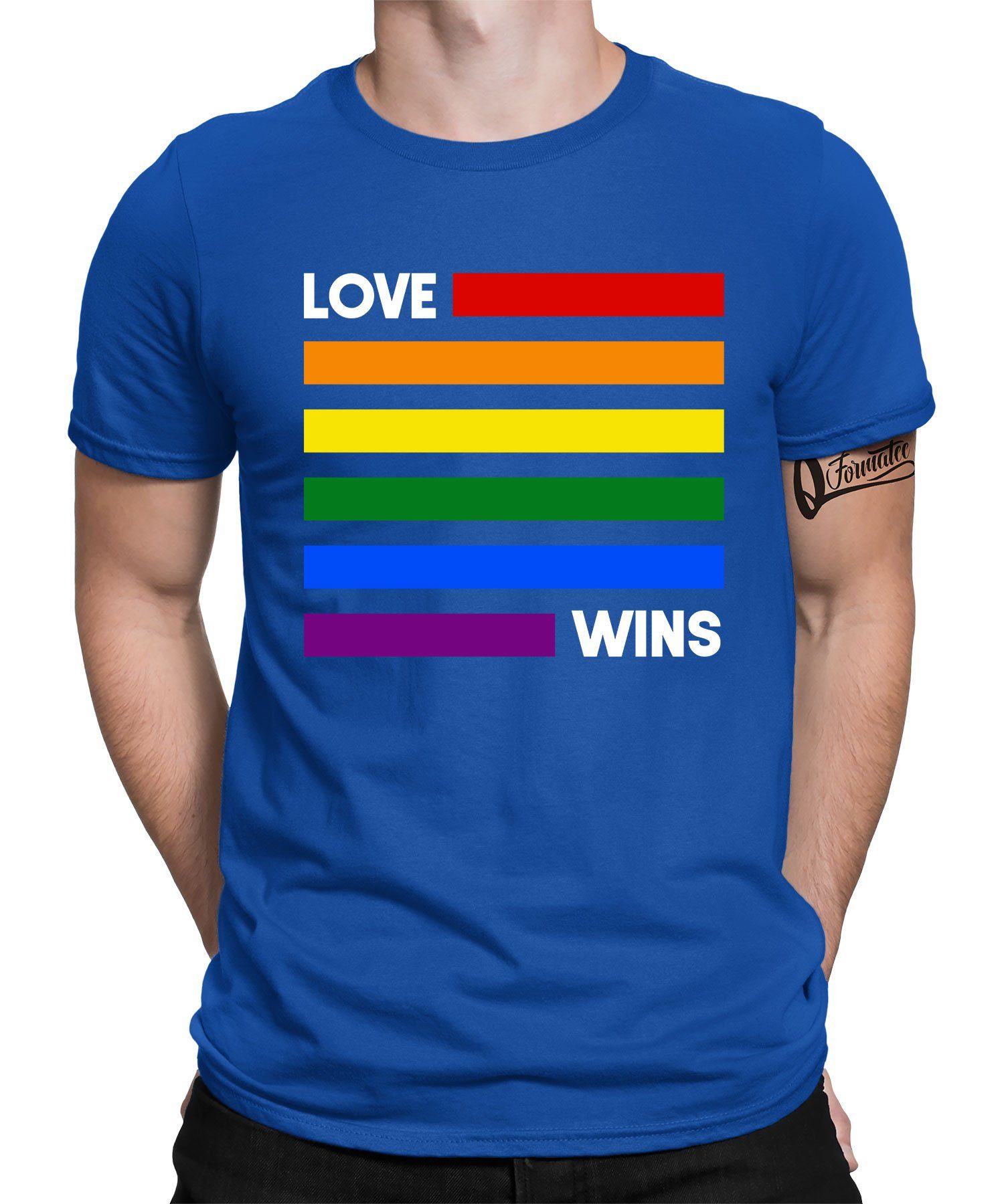 Formatee Wins Love Kurzarmshirt Blau Herren Gay Pride Quattro - Regenbogen T-Shirt (1-tlg) LGBT Stolz