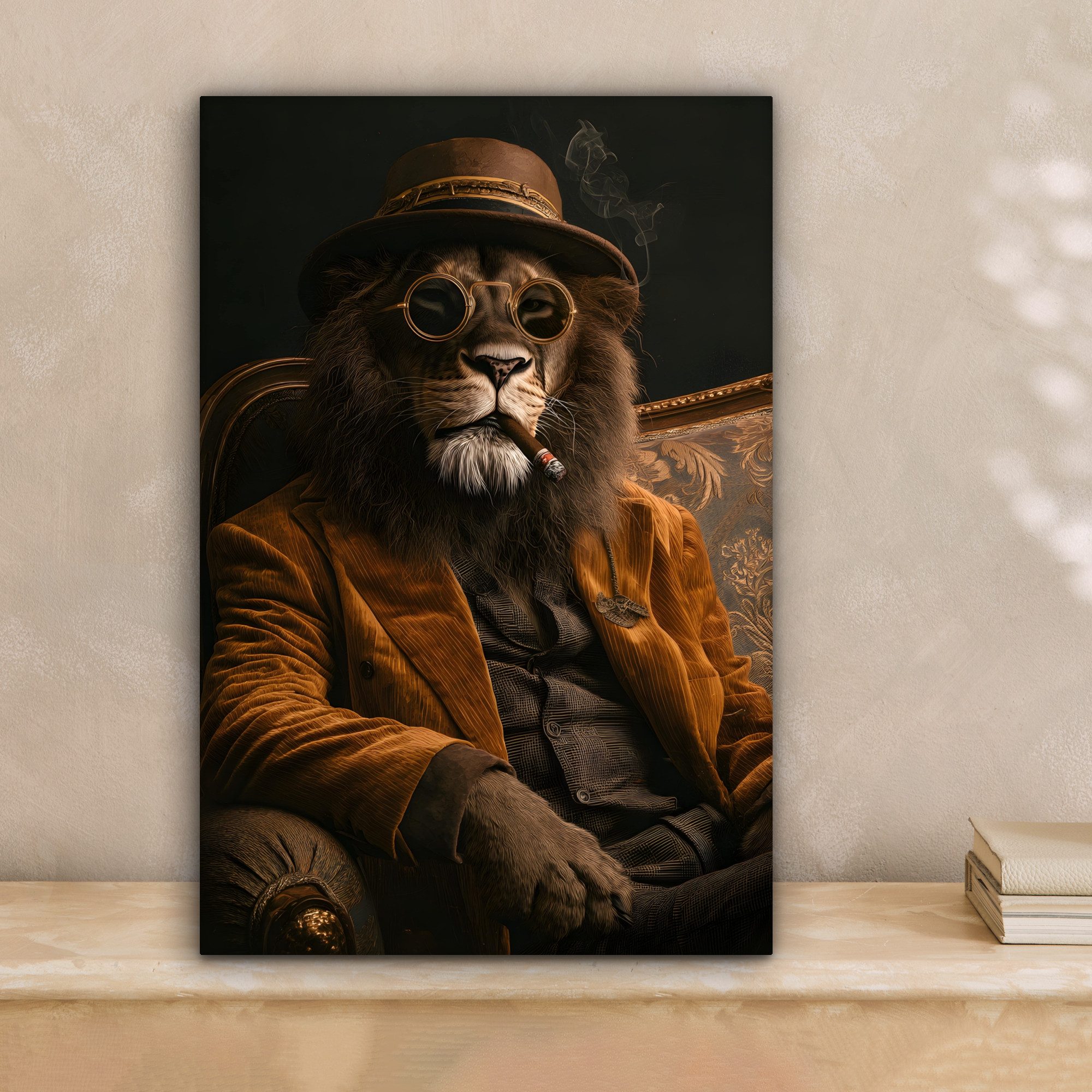 OneMillionCanvasses® Leinwandbild Brille - Löwe - Bank - Hut, Fotodruck (1 günstig online kaufen
