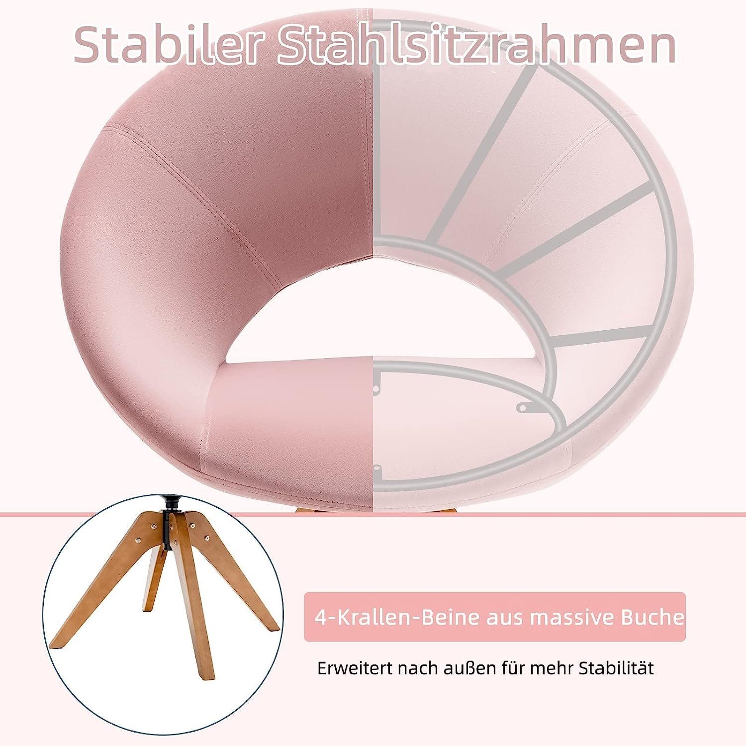 KOMFOTTEU Esszimmerstuhl Polsterstuhl, mit 360°Drehung, aus rosa Massivholz