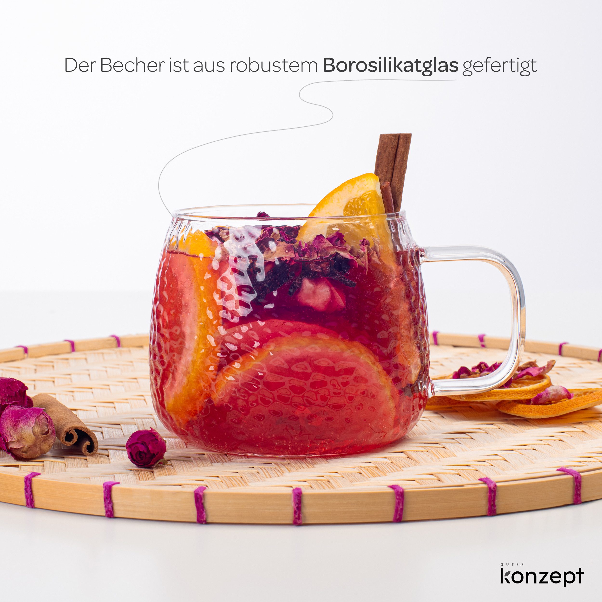 KONZEPT Teeglas mit Henkel 2/4-er Set, Teetasse 420 ml, Tassen Set aus Borosilikatglas, 2-tlg., ideal für Kaffee, Tee, Eiskaffee, Matcha, Kakao und heiße Schokolade