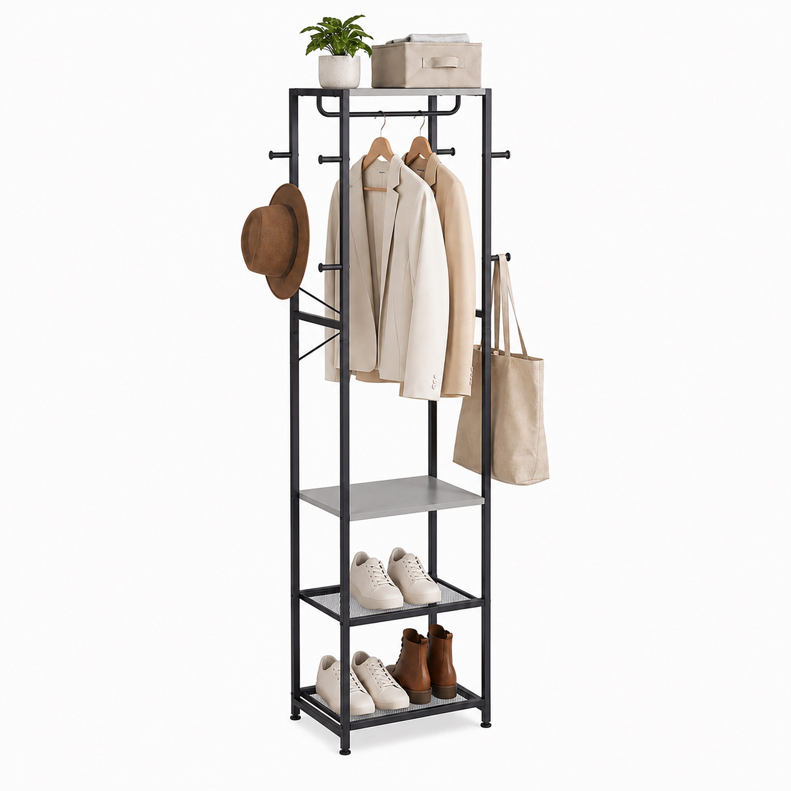 relaxdays Garderobenständer Haken, Ablage & Stange, Schwarz-Grau