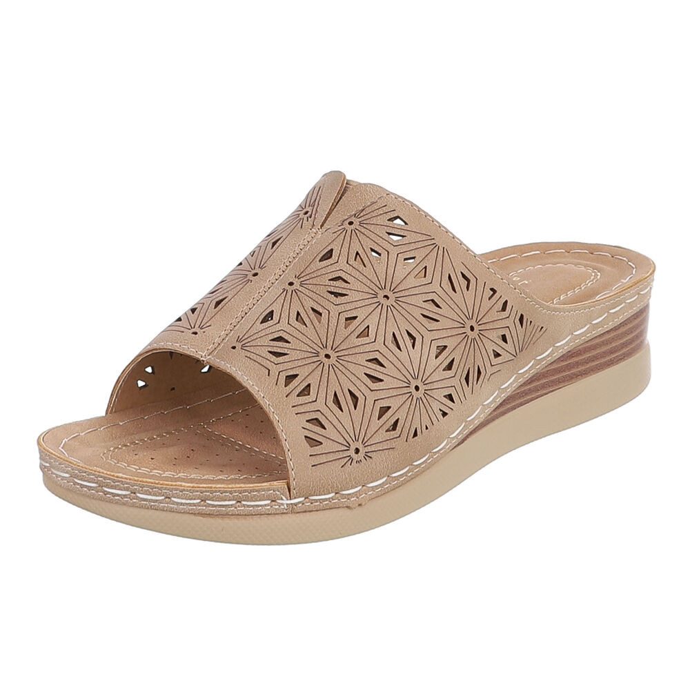 Ital-Design Damen Pantolette mit Lochprägung und Keilsohle Pantolette (91849285) Keilabsatz/Wedge Keilsandaletten in Hellbraun