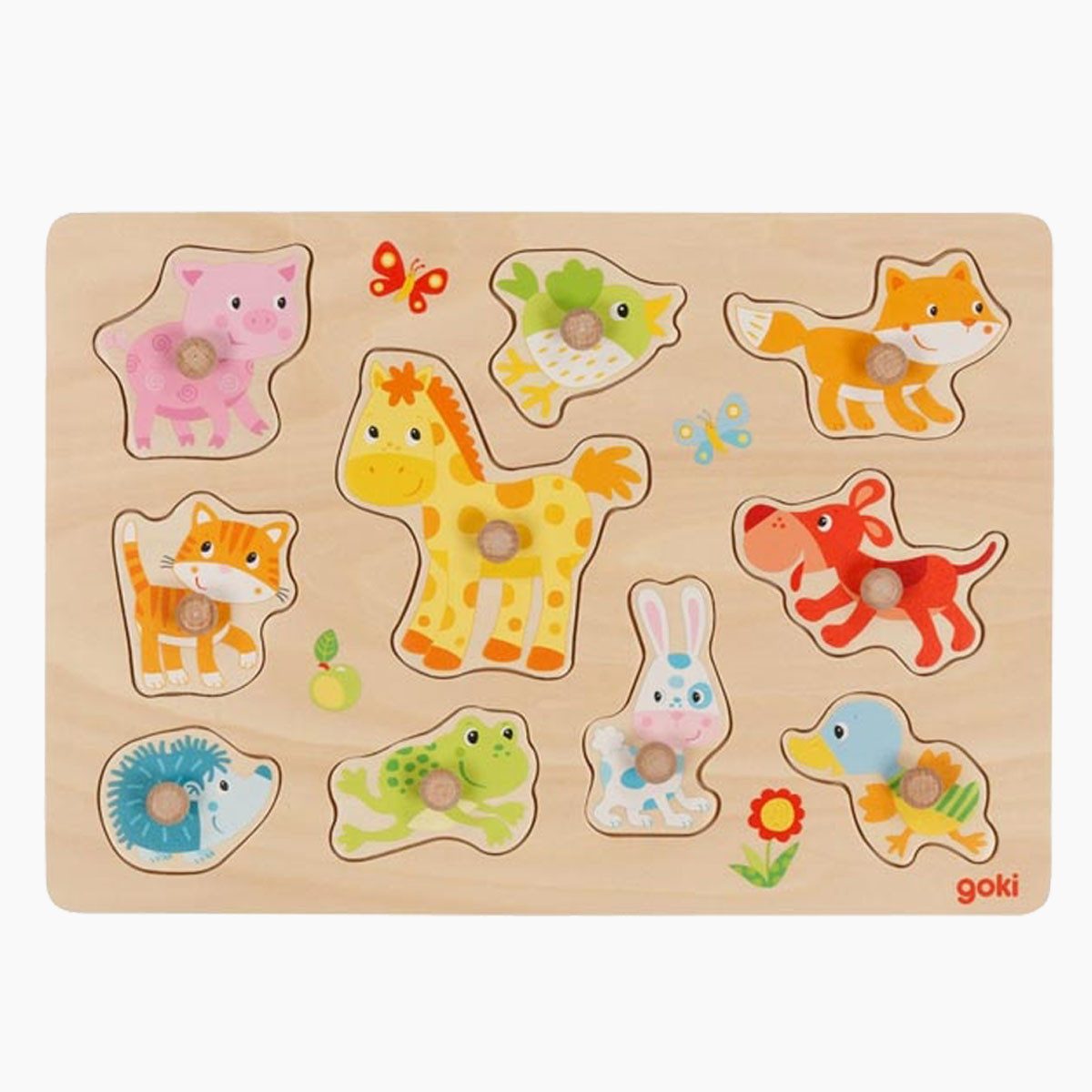 goki Steckpuzzle Steckpuzzle Tierkinder, 10 Puzzleteile, Mit kindgerechten Holzknöpfe auf den Puzzlestücken von Goki