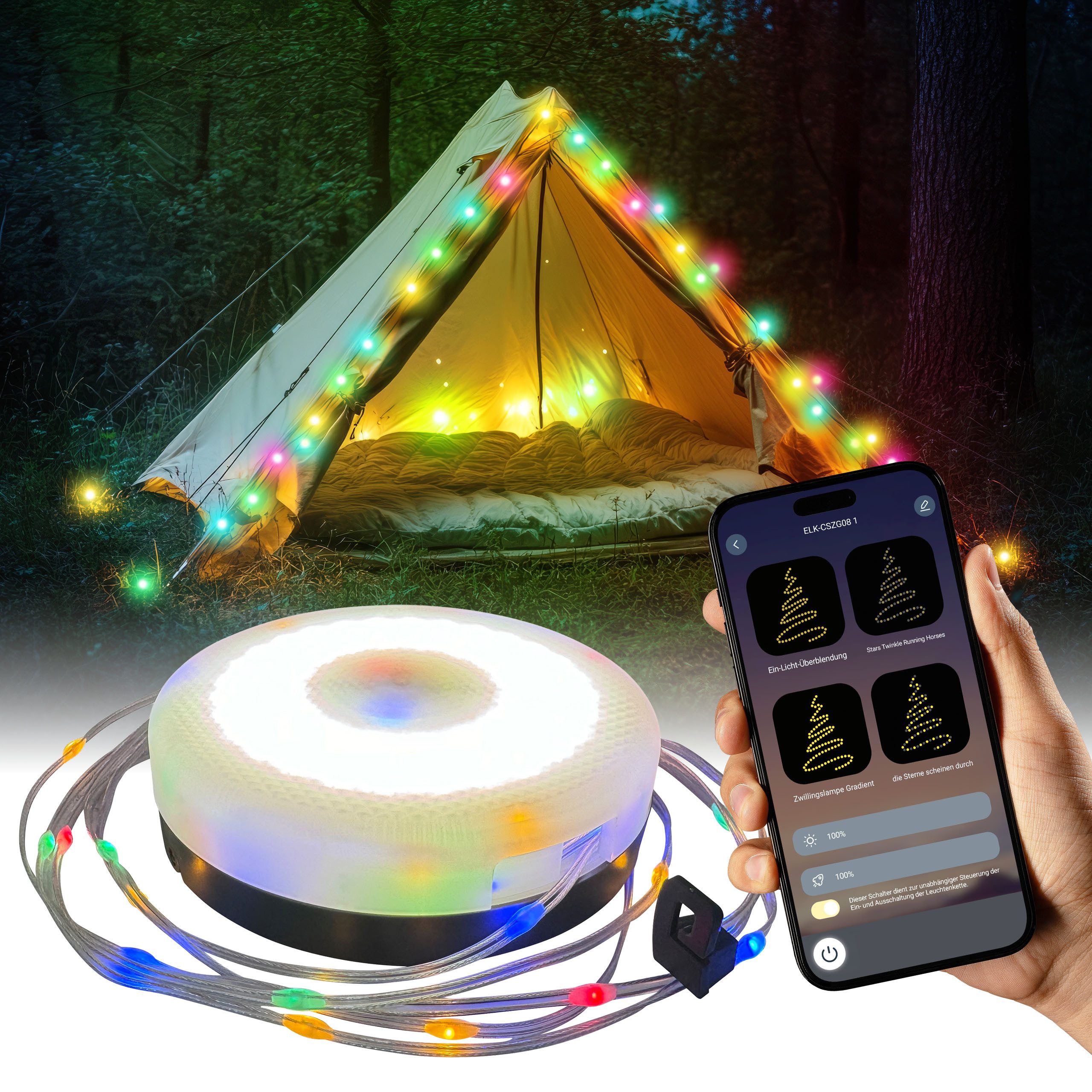 IC Gardenworld LED-Lichterkette Camping LED Solar Leuchte - Aufrollbar, 3-in-1 Multifunktions-Lampe, App-Steuerung, 10 m RGB Wasserdichte Lichterkette, Laterne, Powerbank