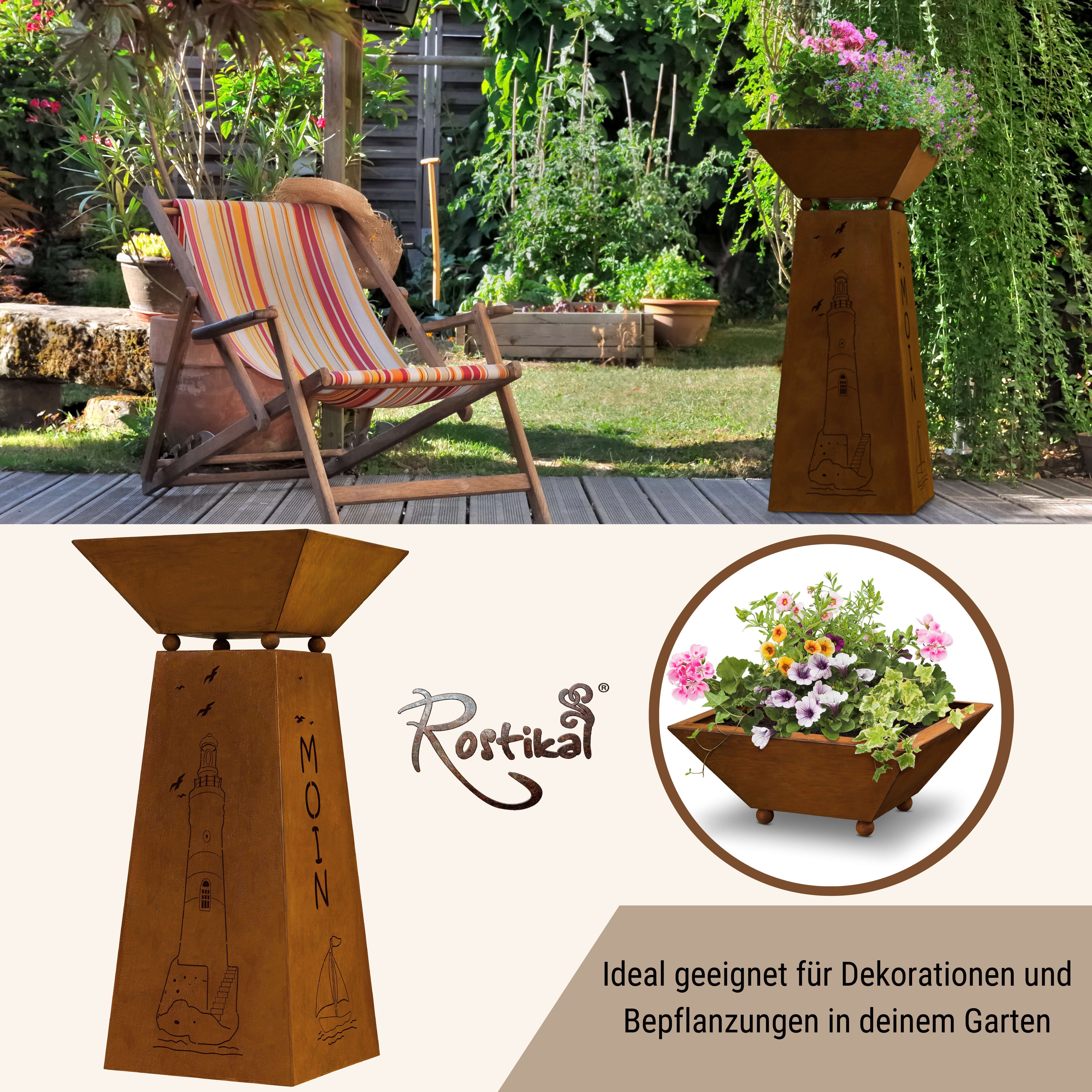 Rostikal Blumenständer Gartendeko Maritim Leuchtturm 72 cm Dekosäule (Set, Säule mit Schale), echter Rost