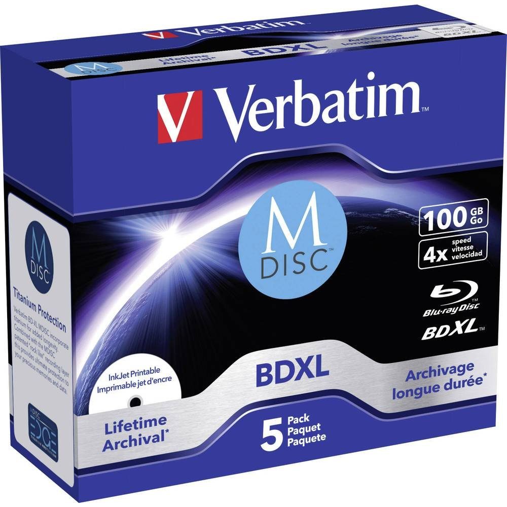 Verbatim Blu-ray-Rohling M-Disc BR-D XL 100GB 4x 5er 43834, Bedruckbar