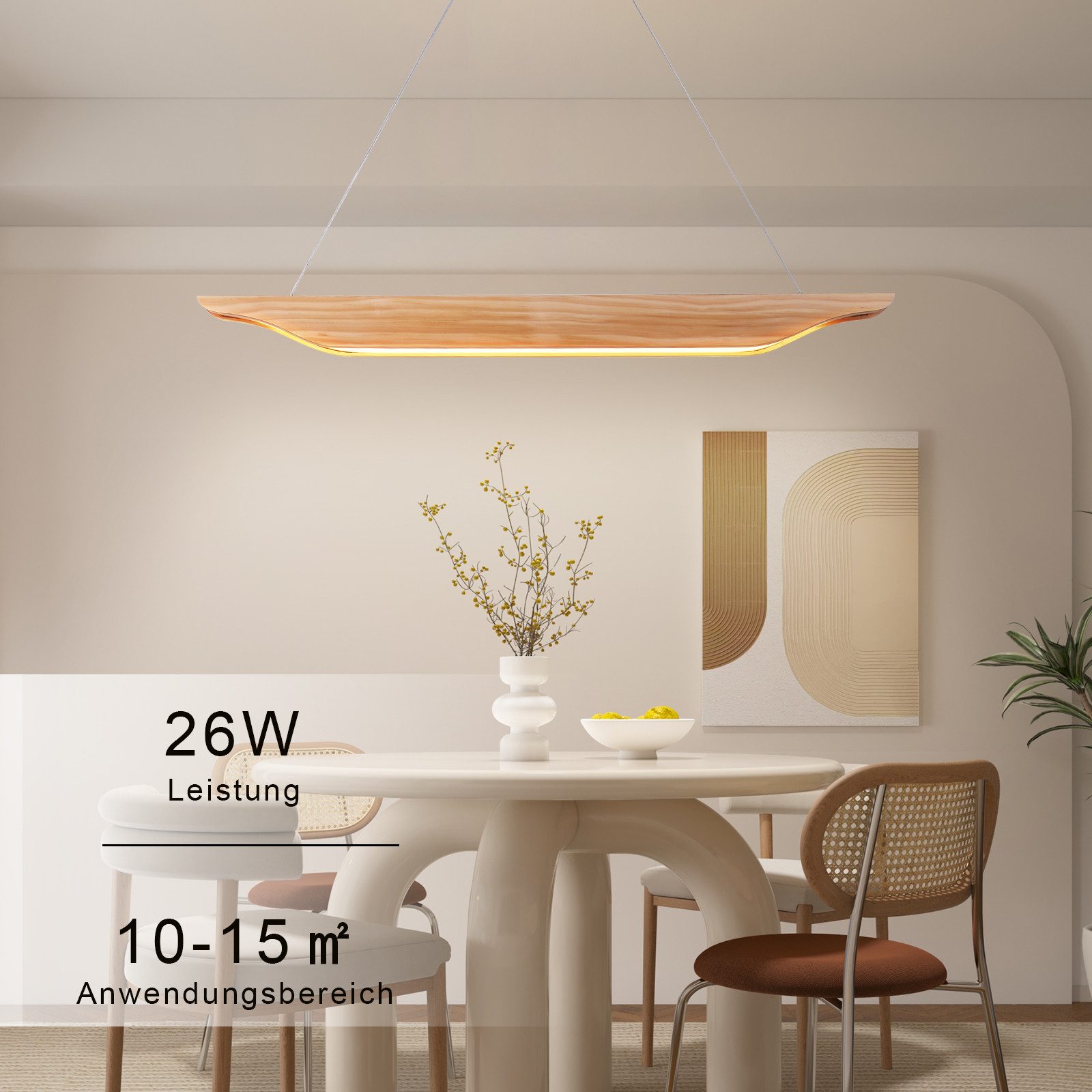ZMH Pendelleuchte Esstisch 90 cm aus Holz, dimmbare Hängelampe mit Fernbedienung, LED fest integriert, Hängeleuchte 3000-6500 K, bis 130 cm Gesamthöhe – Bild 4 von 5