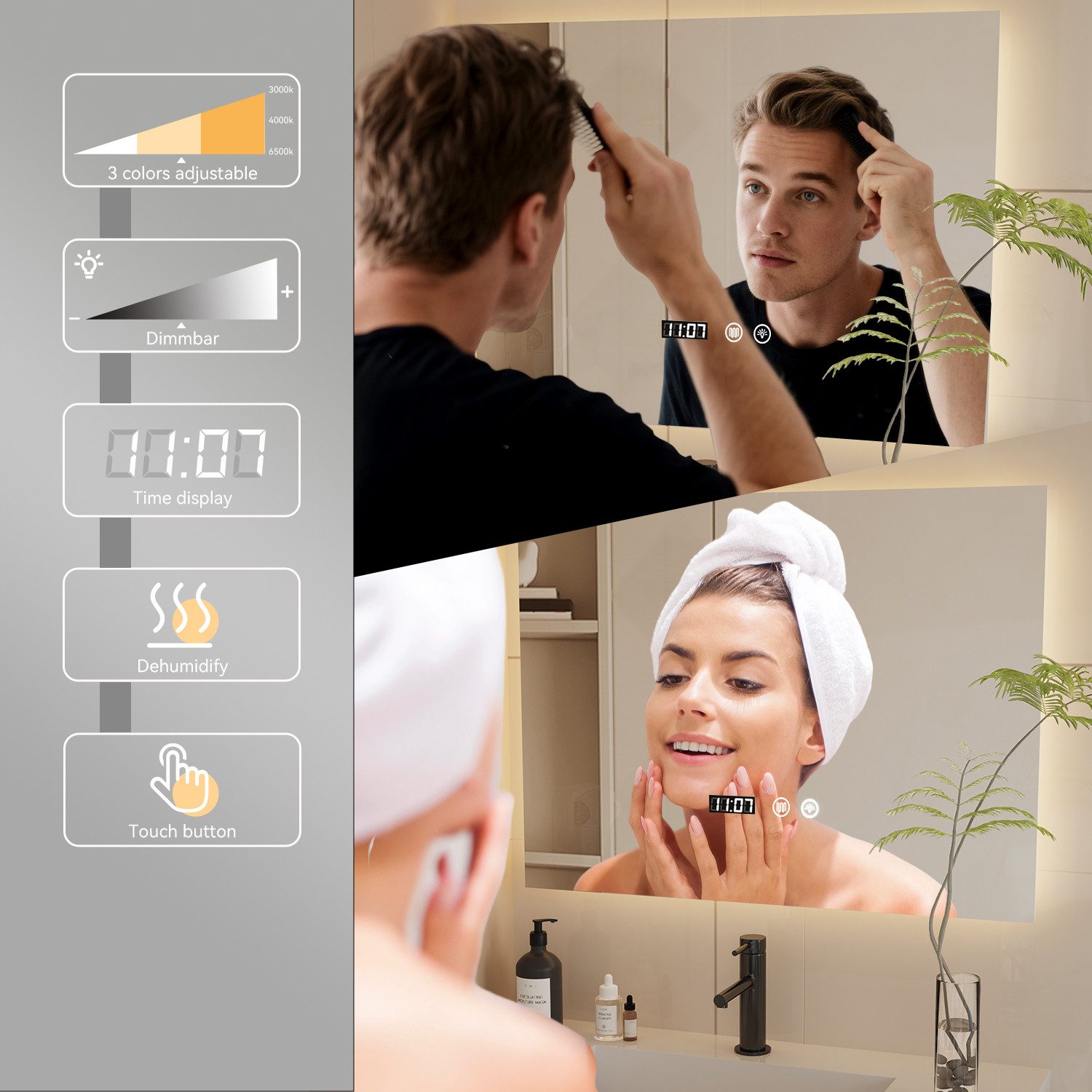 oyajia Badspiegel mit Beleuchtung LED Wandspiegel Antibeschlag Badspiegel Kosmetikspiege, 3 Lichtfarben Dimmbare mit Touch-Steuerung, IP44, Memory Funktion, Uhr