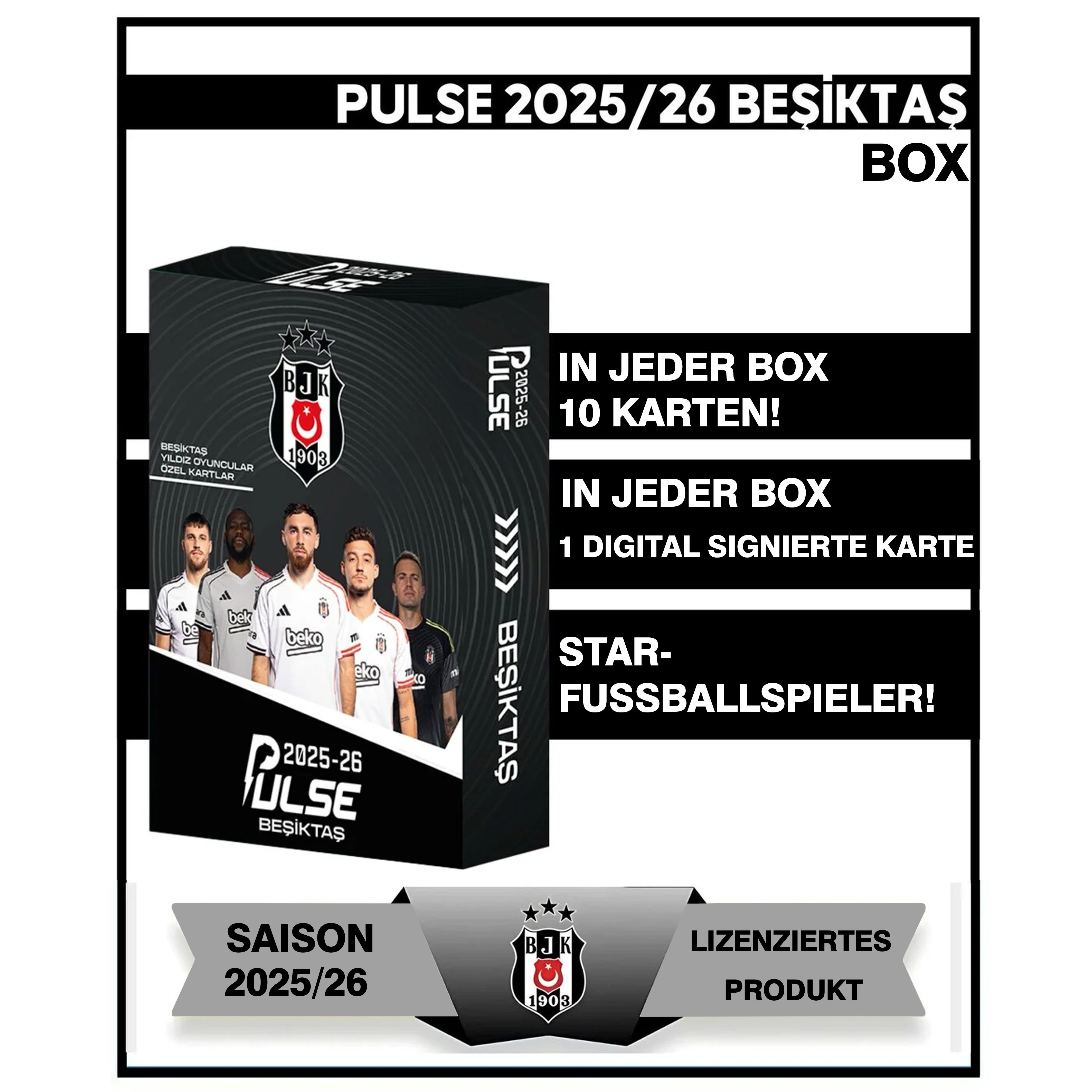 Jungengel Sammelkarte Besiktas 2025/2026 Fußballkarten Spielkarten Sammelbox 10x Karten BJK, Offiziell lizenziertes Fußball Sammelkarten Set 10 Karten Box