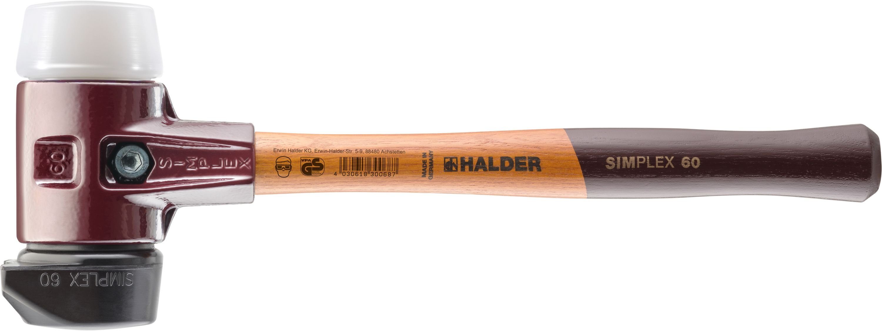 Halder KG Hammer Halder Simplex-Schonhammer 60mm mit Standfuß und 2 Schlageinsätzen Gummi mittelhart & Superplastik mittelhart - 3027.260