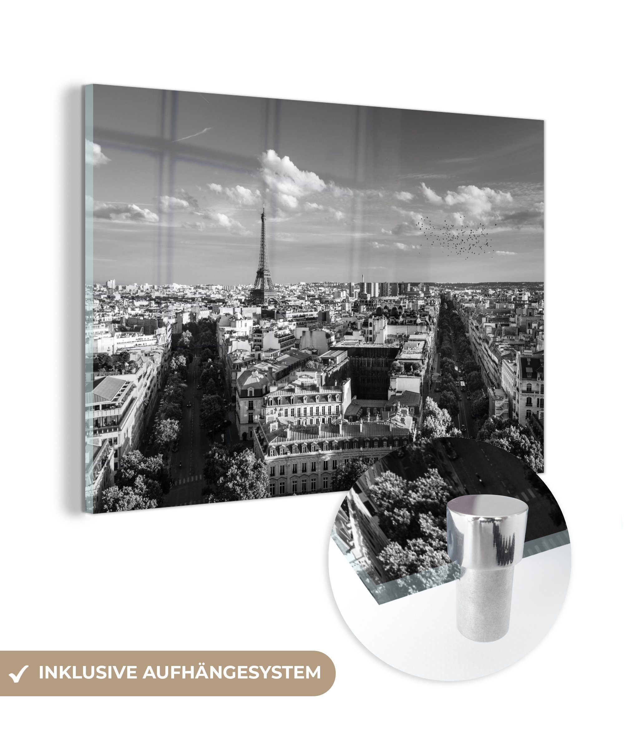 MuchoWow Acrylglasbild Frankreich - Weiß Schlafzimmer Acrylglasbilder (1 - - & Schwarz Eiffelturm, St), Wohnzimmer
