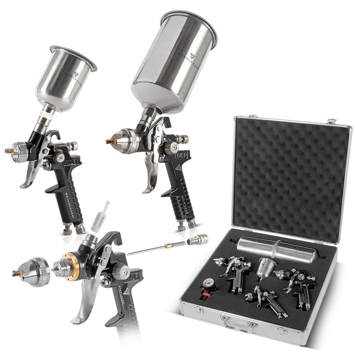 STAHLWERK Druckluftwerkzeug Lackierpistolen Set 3 x HVLP Spritzpistole Düsen 25 Mischbecher 650 ml, (2-tlg)