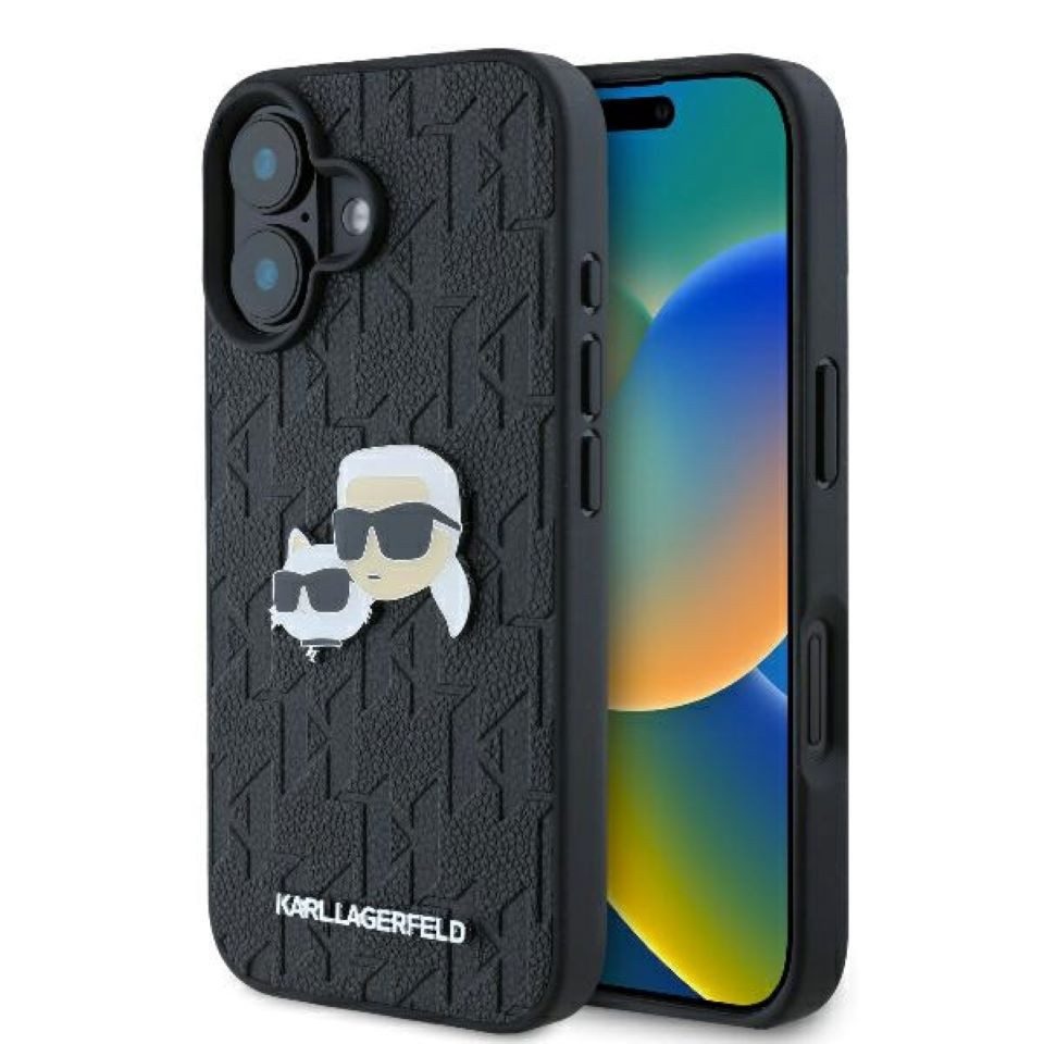 KARL LAGERFELD Handyhülle iPhone 16 Plus Kunststoff schwarz Logo Metall 6,7 Zoll, Kantenschutz