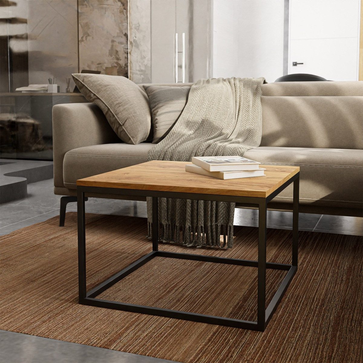 Liadomo Couchtisch Granada, Wohnzimmertisch, Sofatisch, Massivholztisch, Akazie Natur oder steingrau, Metallgestell, quadratisch, vormontiert