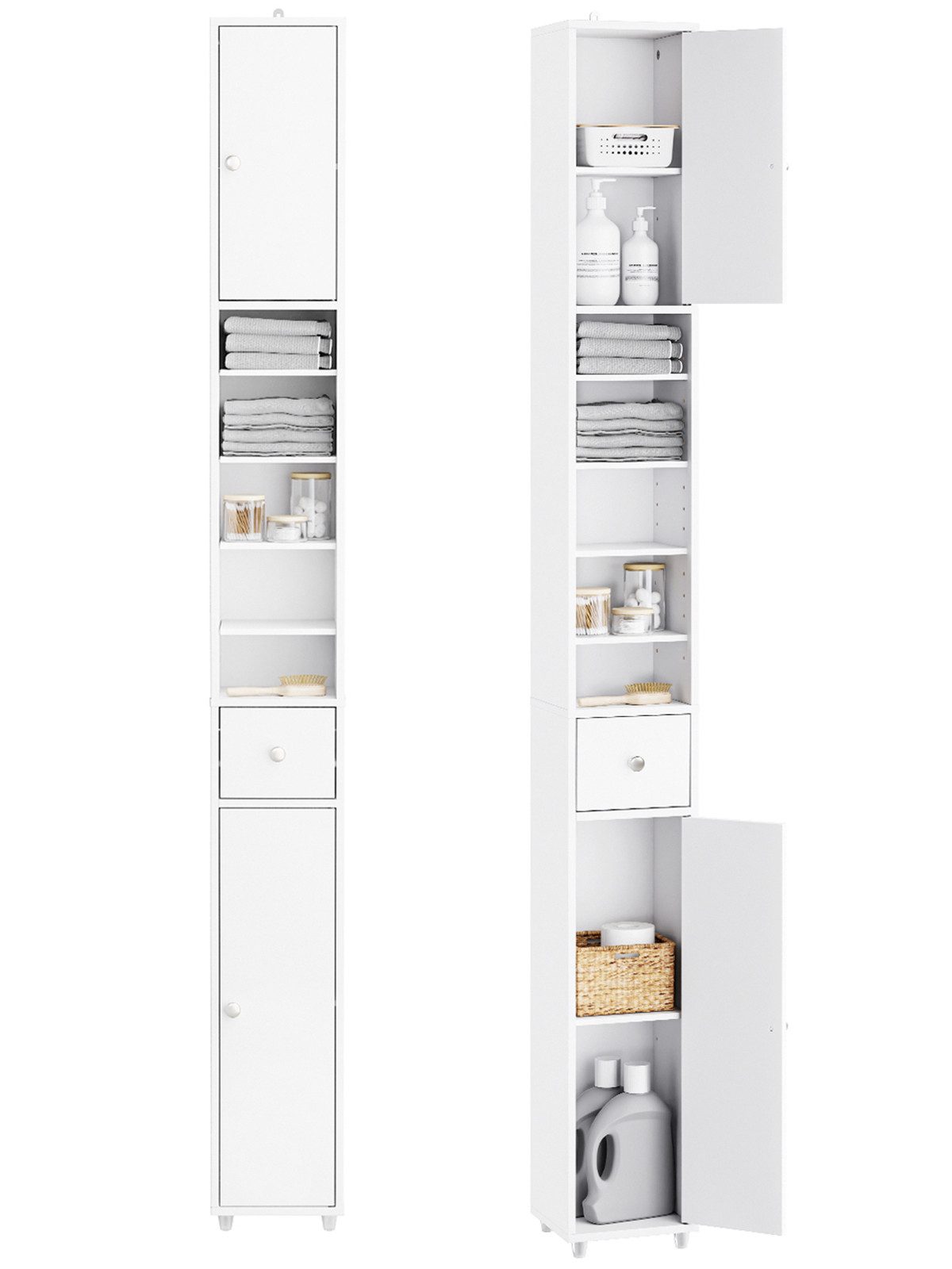 SoBuy Hochschrank BZR34, Badschrank schmal, Badezimmermöbel, Wasserabweisender Badzimmerschrank mit verstellbare Ablagen Badkommode schmal Badezimmer