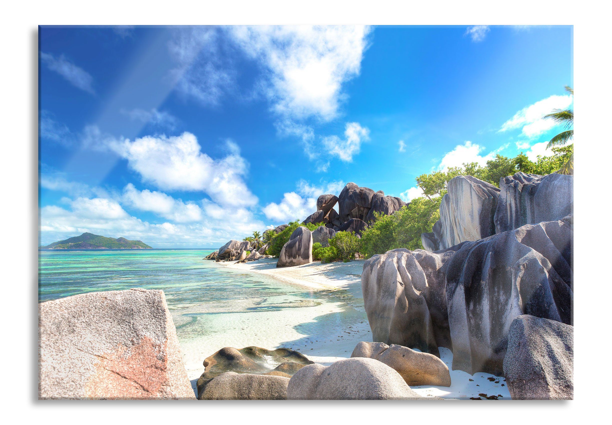 Glasbild Seychellen Strand