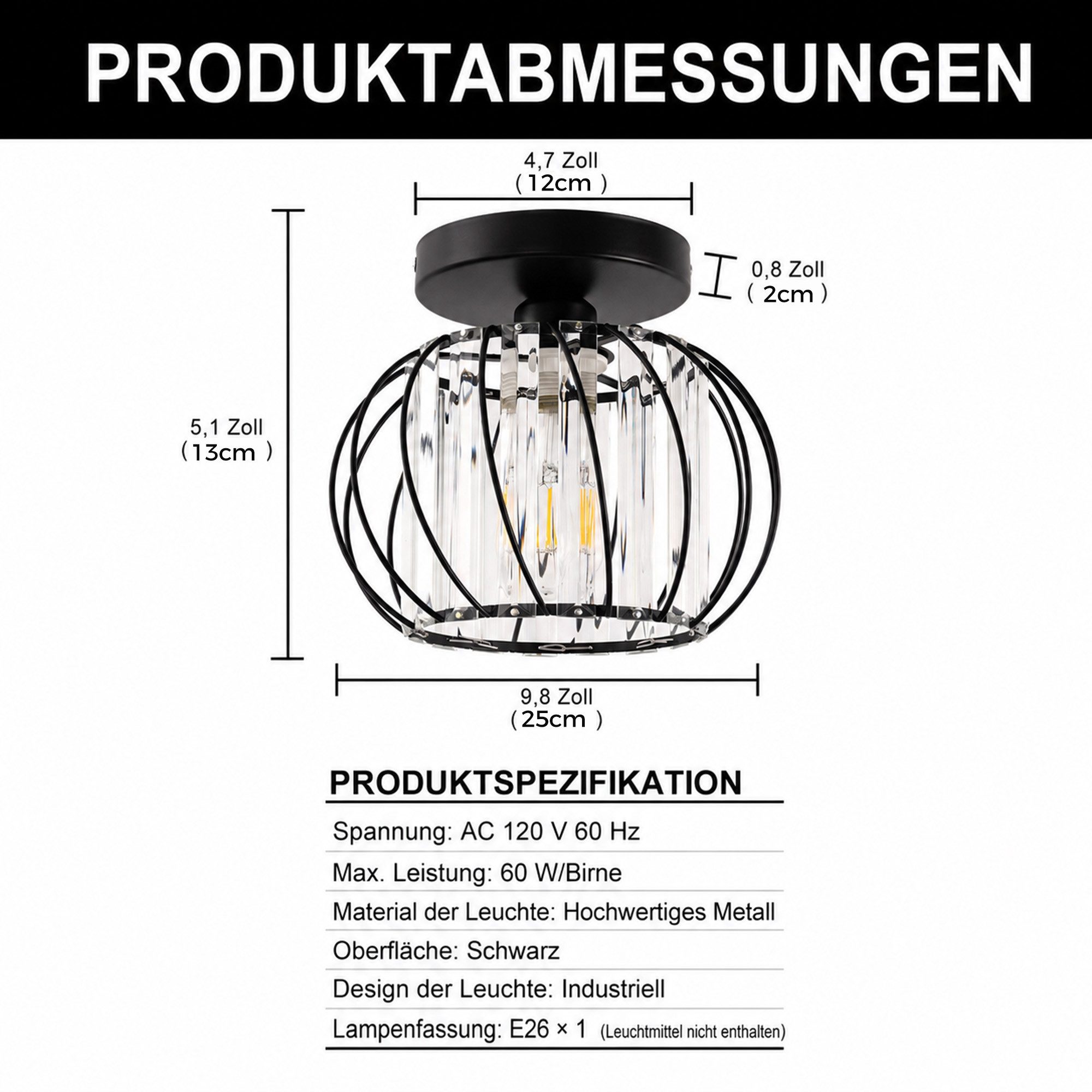 LOHAS-LED Deckenleuchte 2er-Set moderne Kristalldeckenlampe, runde schwarze Deckenlampe, ohne Leuchtmittel, E26 Kristallkronleuchterlampe für Flur, Schlafzimmer, Eingang