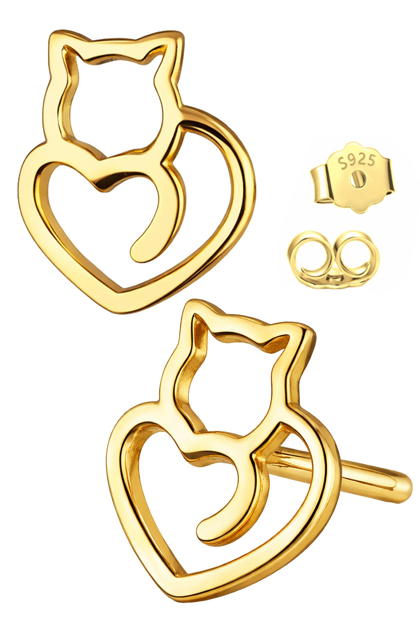 Paar Ohrstecker Herz Ohrstecker Damen Mädchen 925 Silber gold Ohrringe Katze Geschenk