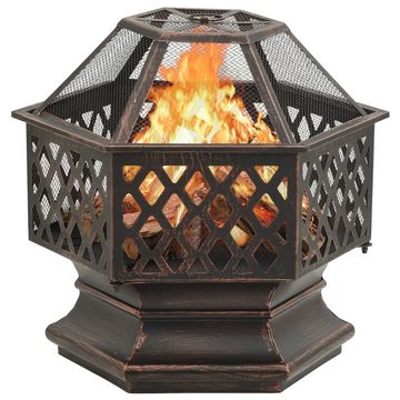DOTMALL Feuerschale Feuerstelle mit Funkenschutz Sechseckig Stahl,mit Schürhaken