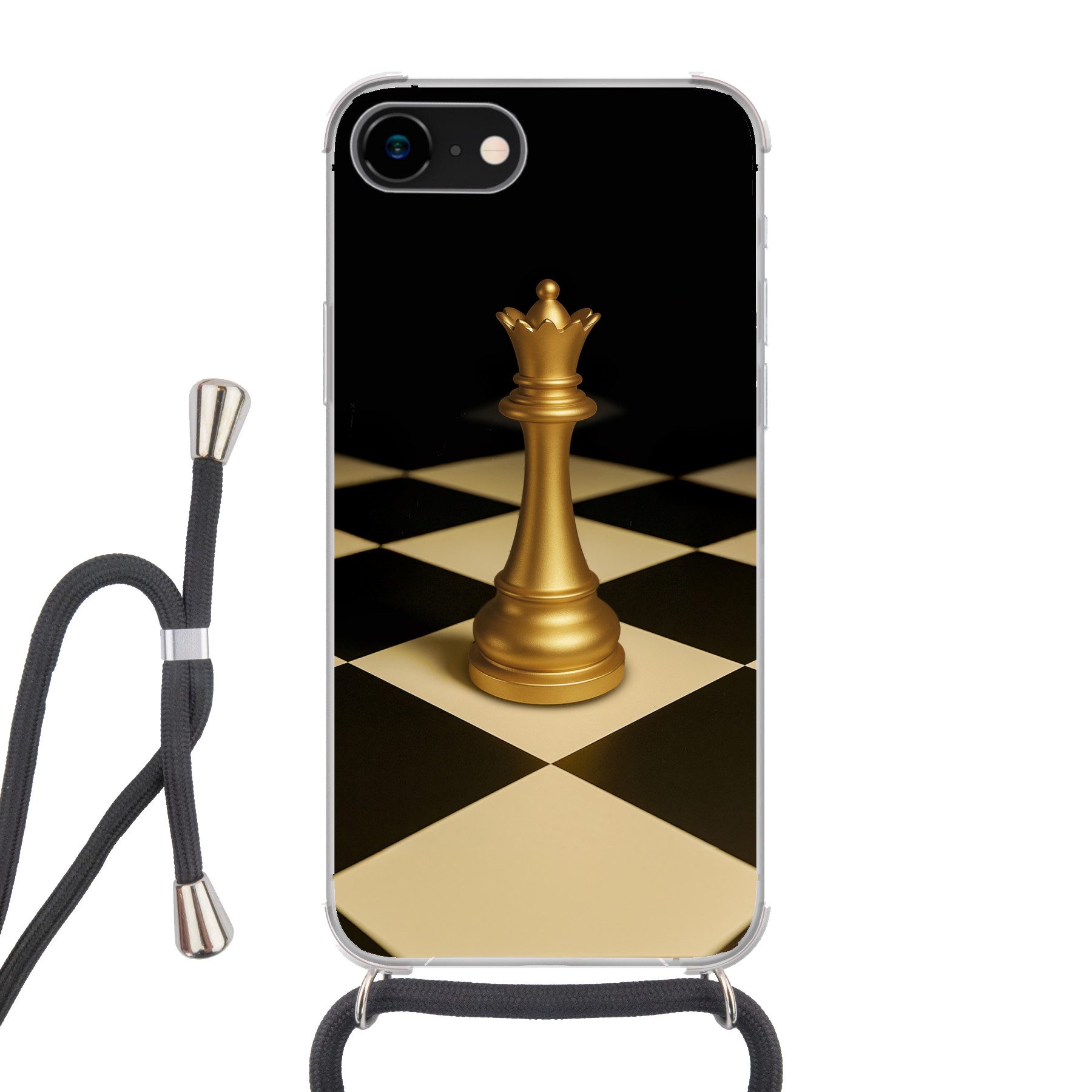 MuchoWow Handyhülle für Apple iPhone SE 2020 Dame - Schachfigur - Blockiert - Gold, Tragbare Handyhüllen mit Kette zum umhängen, Handykette Handyband