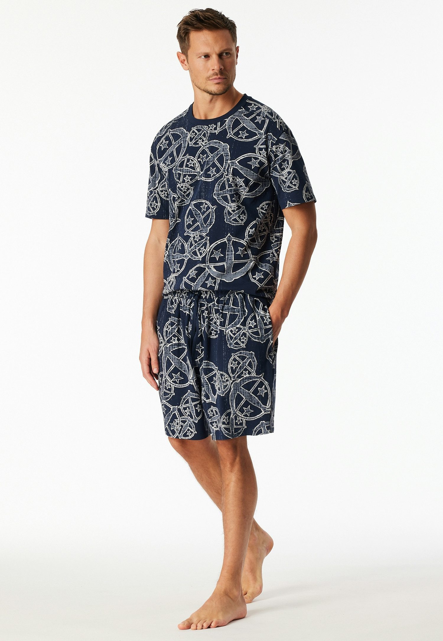 Schiesser Pyjamashorts Schiesser 150 Years seitliche Taschen, Allover-Druck, Baumwolle