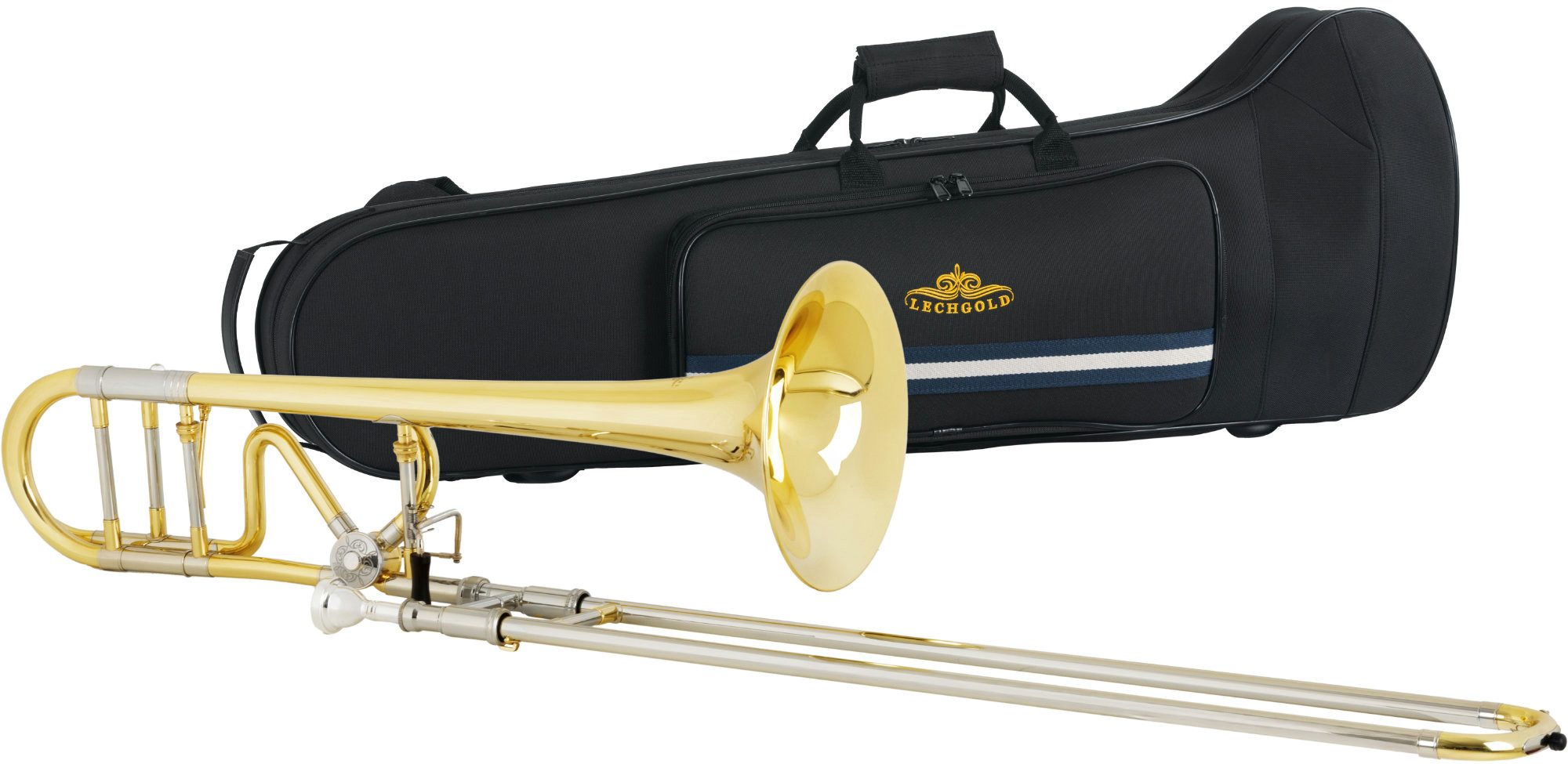 Lechgold Posaune QP-25L Quartposaune Messing - mit auswechselbarem Schallstück Bb/F, inkl. Leichtkoffer, Mundstück und 3 Mundrohre, Handgehämmertes Schallstück aus Messing