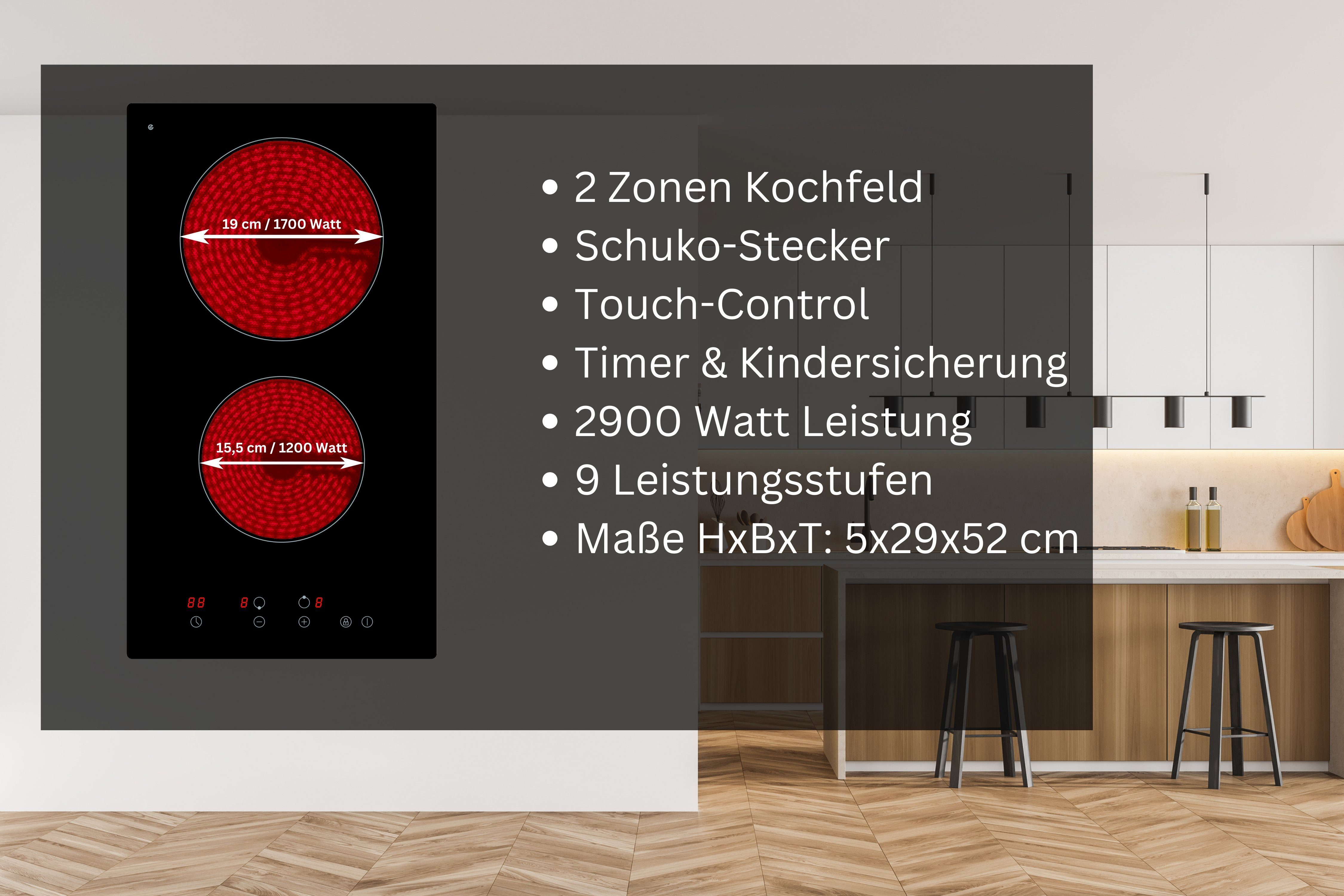 YUNA Doppelkochplatte YUNA Doppelkochplatte CALOR EBK2, Glaskeramik, Touch Control, 2900 Watt, 9 Leistungsstufen, Durchmesser 19 cm und 15,5 cm