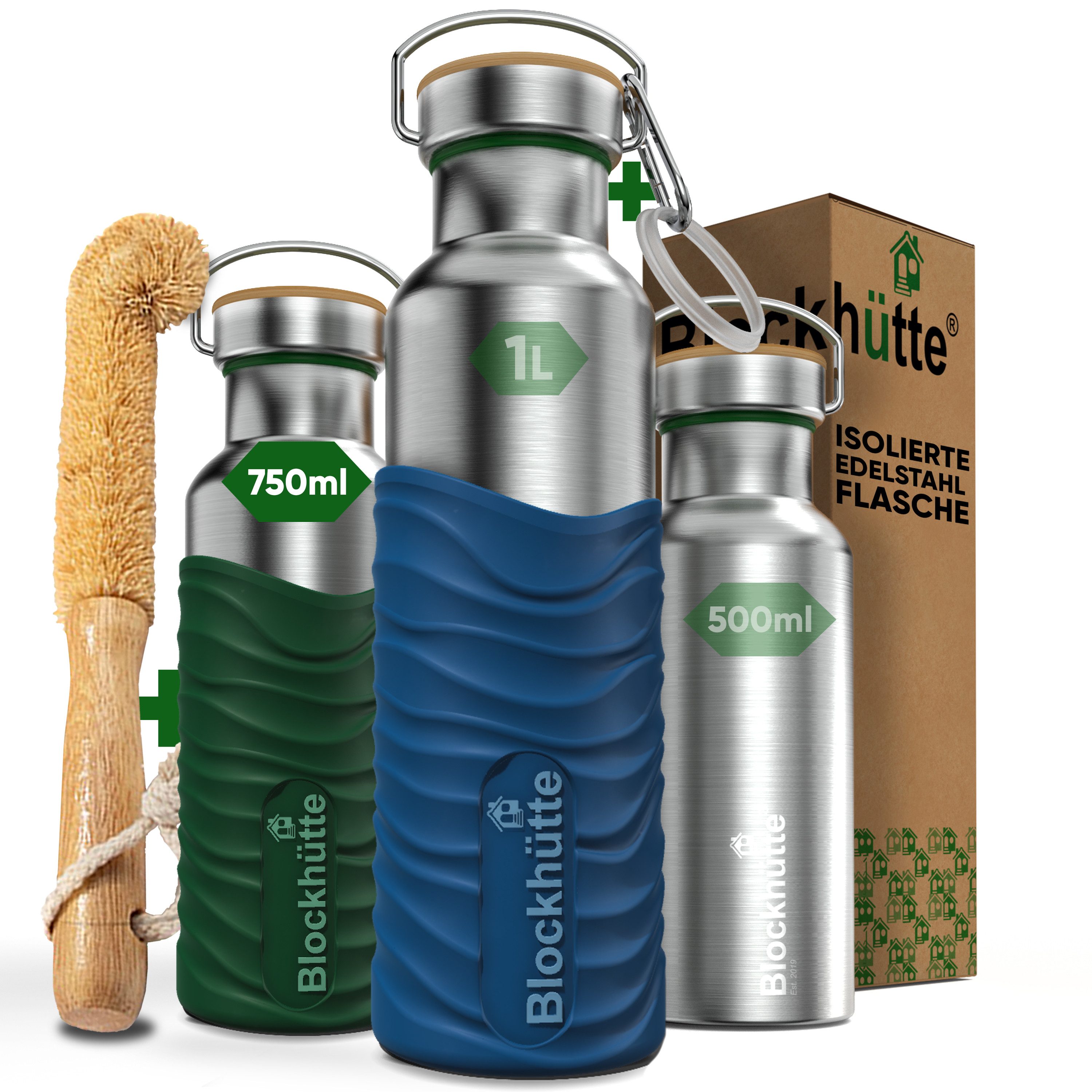 Blockhütte Isolierflasche mit Bambusdeckel - Trinkflasche auslaufsicher - Trinkflasche Edelstahl, 13 Stunden heiß, 25 Stunden kalt
