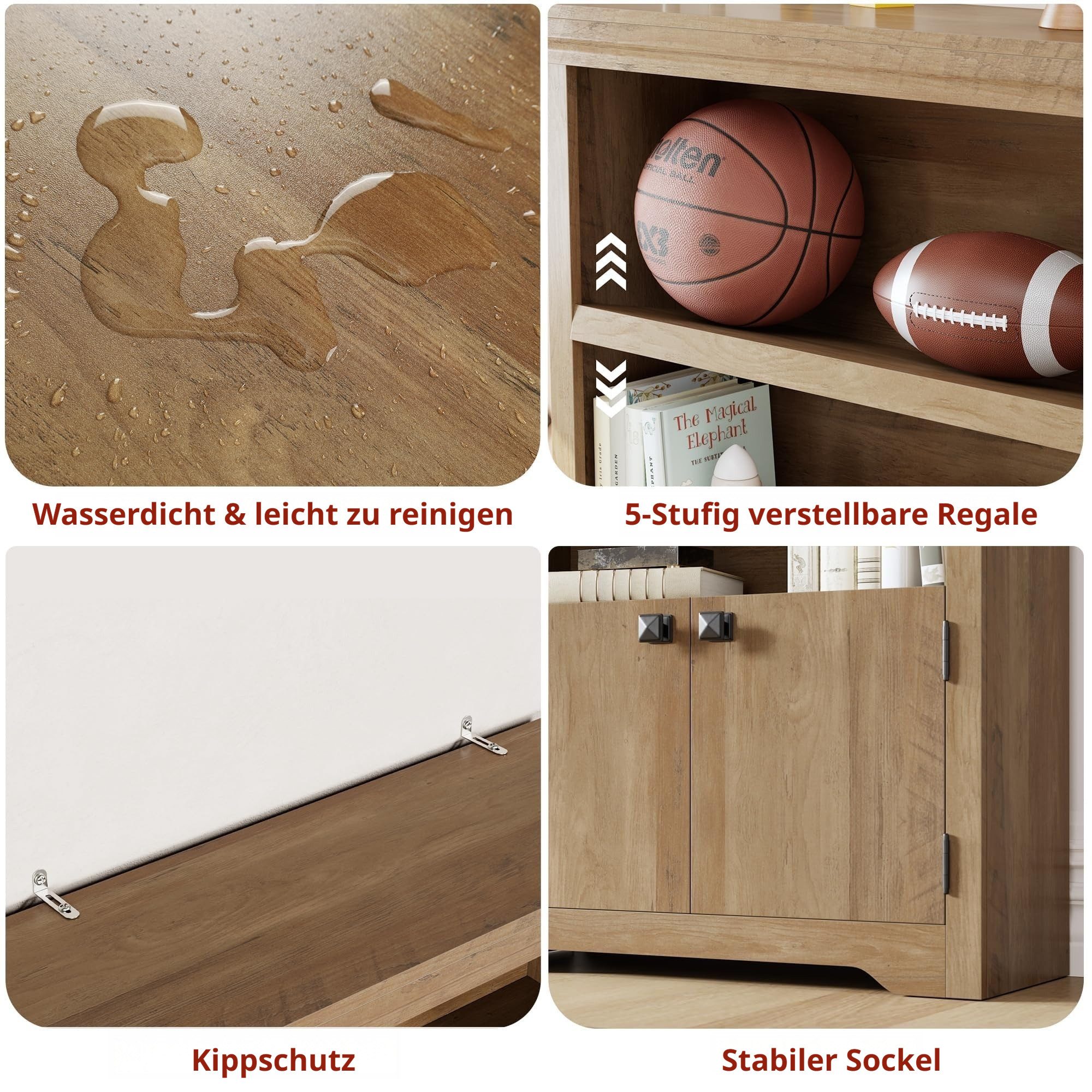 GarveeMore Bücherregal 5-stöckiger Bücherschrank mit 2 Türen, verstellbare Einlegeböden, wasserdichte Oberfläche, multifunktionales Standregal mit Kippschutz – Bild 5 von 5