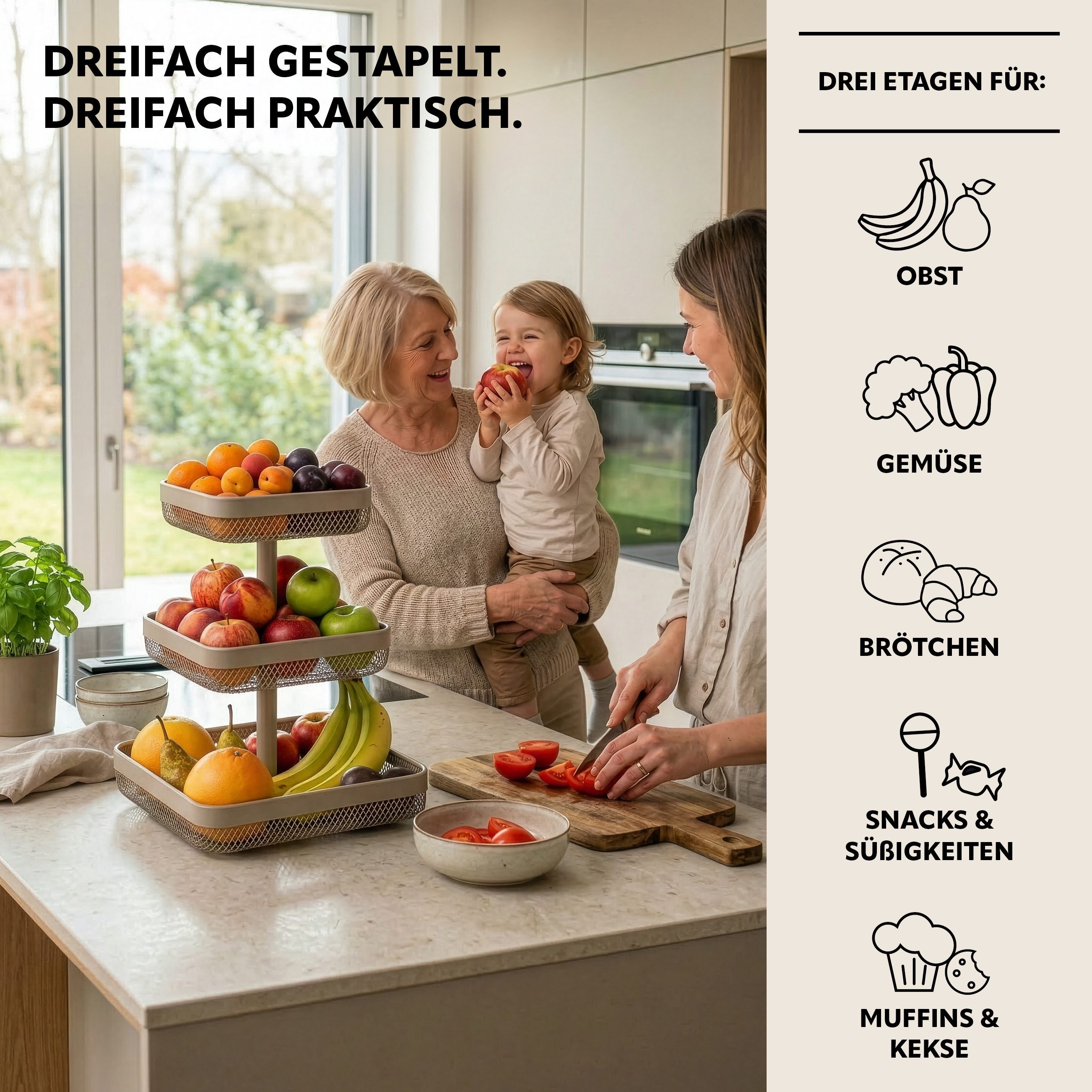 eluno Obstschale eckig 3-stöckig, 20 cm, 25 cm und 30 cm, Metall, Metall