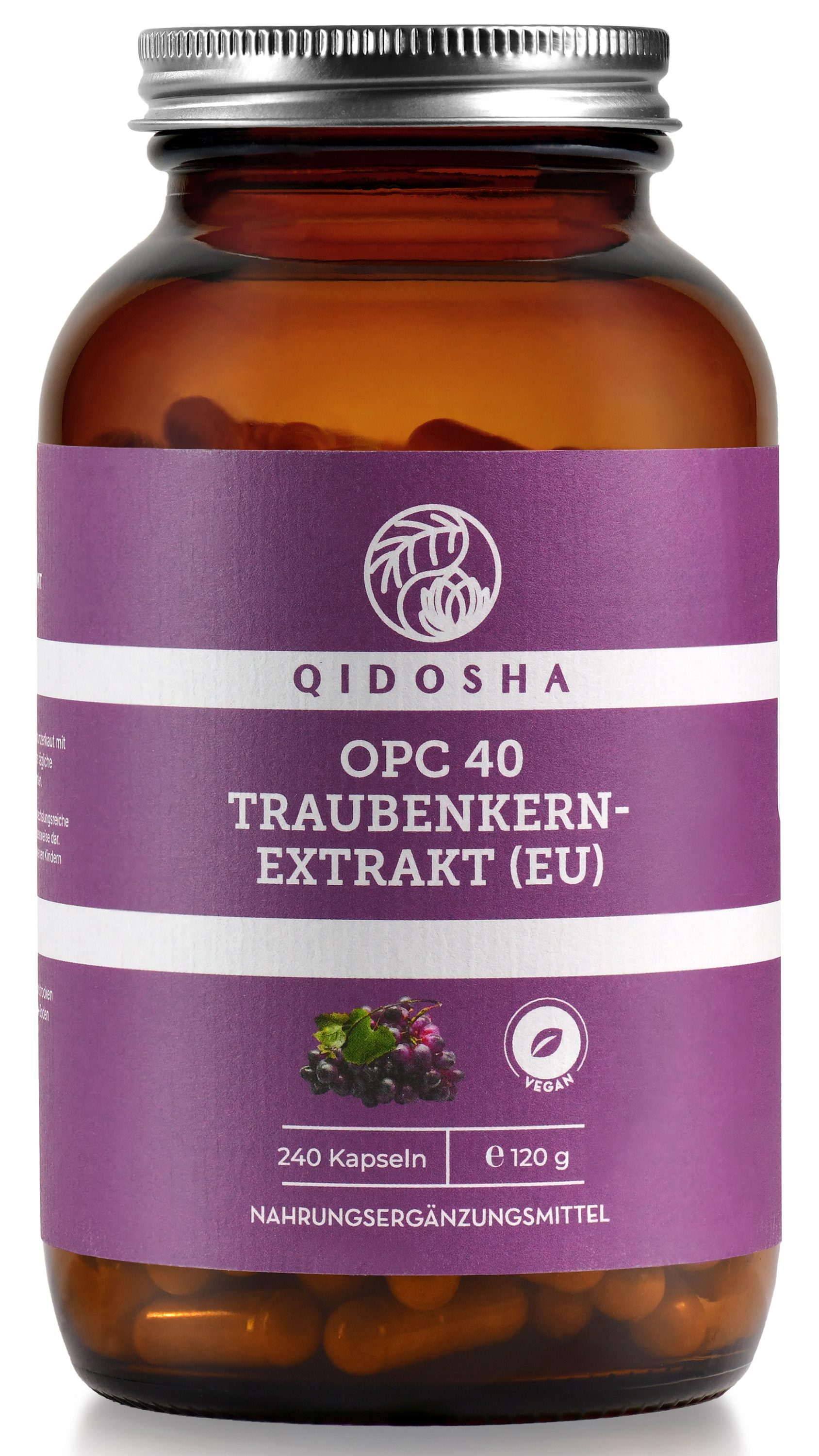 QIDOSHA Traubenkernextrakt OPC Kapseln, hochdosiert I TESTSIEGER 08/2023* I 240 Stk im Glas I Traubenkern-Extrakt Kapseln hochdosiert mit 60% reinem OPC I vegan à 240 St., 119.0 g