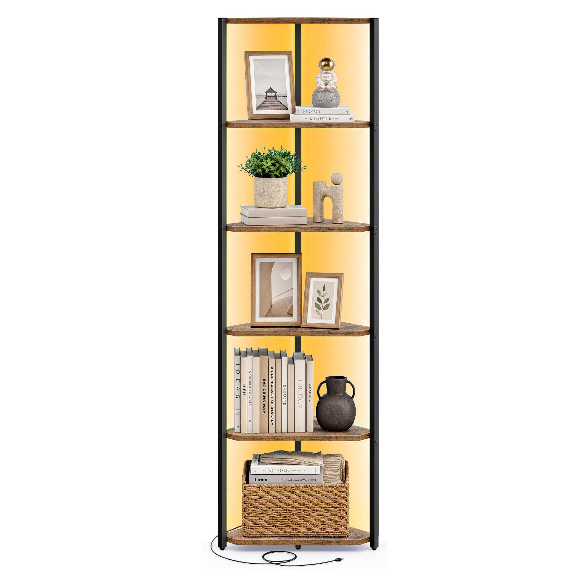 VASAGLE Eckregal Regal mit Stahlrahmen, für Wohnzimmer, Schlafzimmer, Arbeitszimmer, Eckregal mit 6 Ebenen, Bücherregal mit einstellbarer LED-Beleuchtung