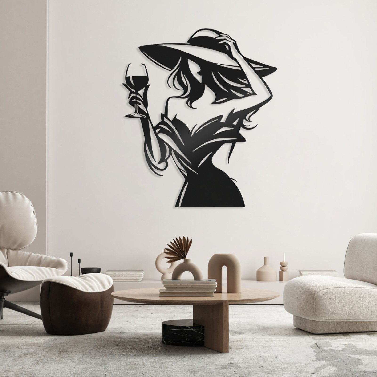 Jumpeak Wanddekoobjekt Elegante Wanddekoration für Damen, Weinglas, Hut, Linienkunst, Metall, 4 Farben, 2 Größen, Wanddekoration für das Wohnzimmer,Romantik