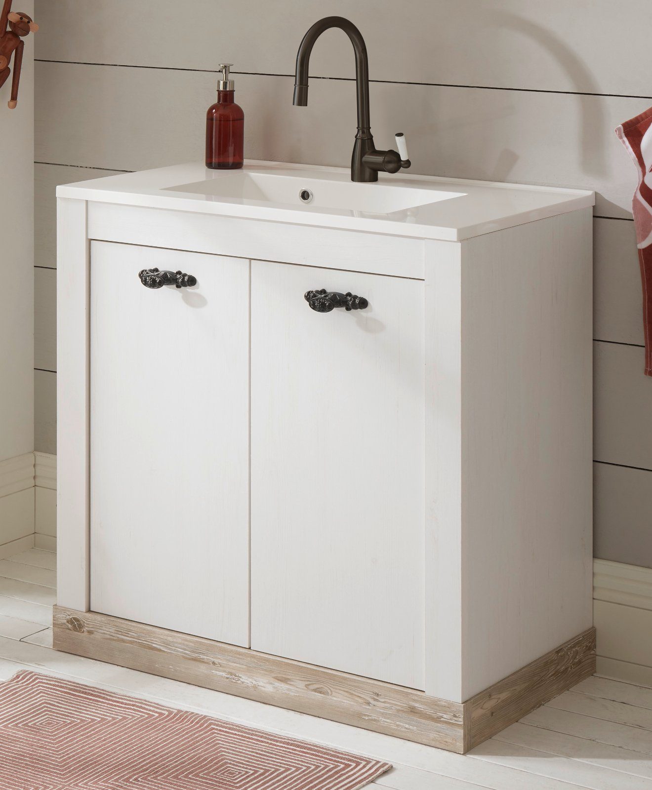 Furn.Design Waschtisch Rovola (in weiß Pinie mit Oslo Pinie, Landhaus), mit Waschbecken