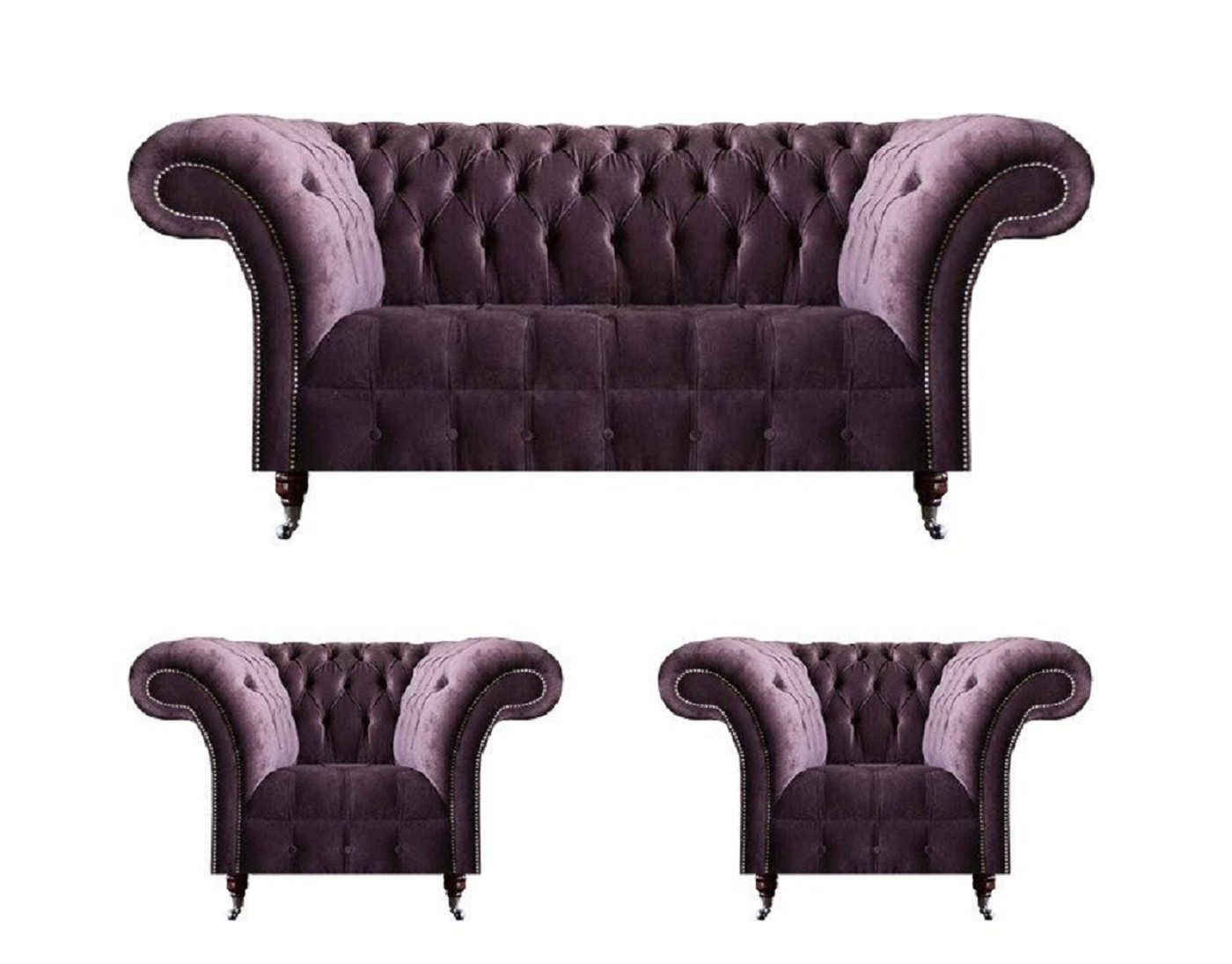 JVmoebel Chesterfield-Sofa Chesterfield Lila Wohnimmer Couch Designer 2x Sitzsessel 3tlg, 3 Teile, Made in Europa