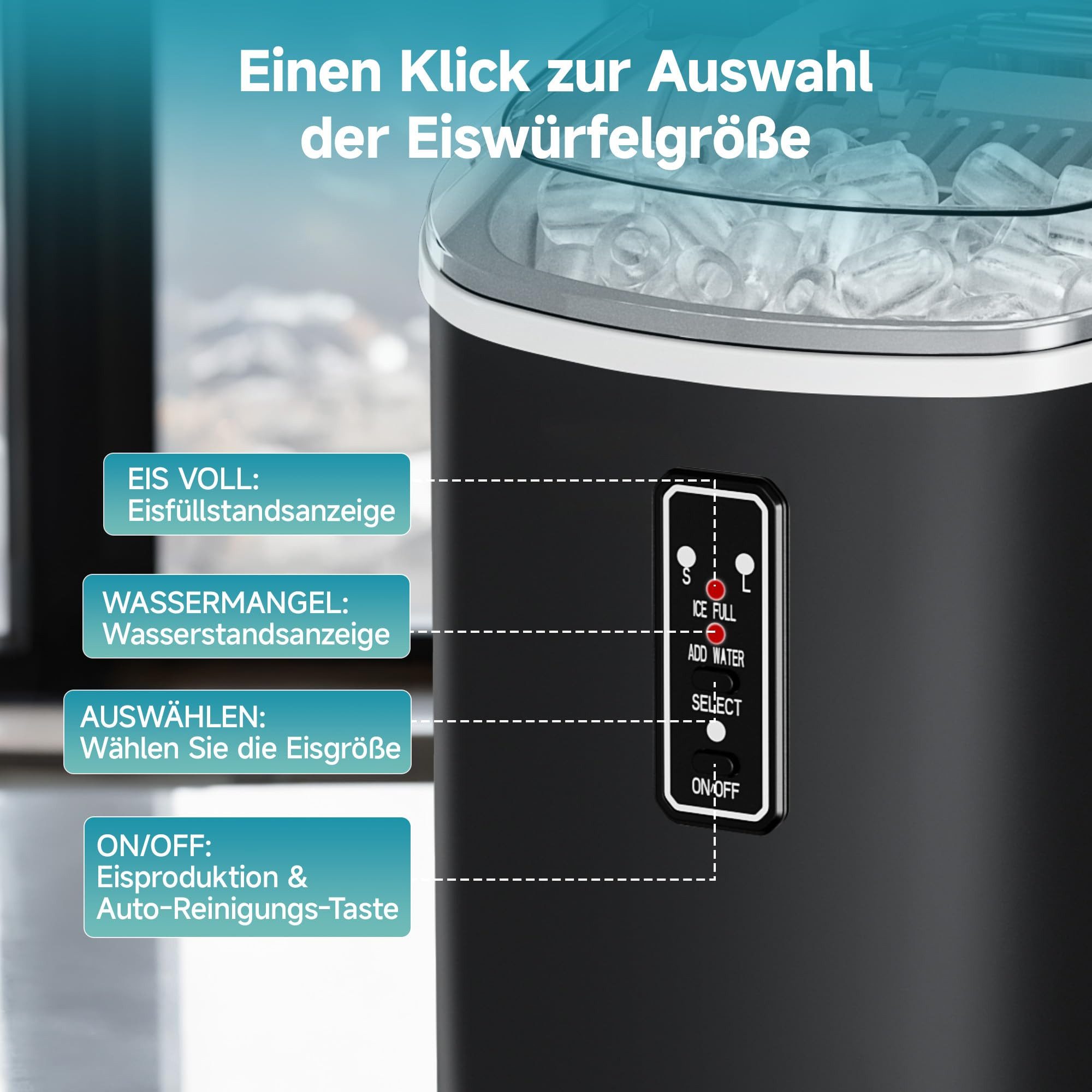 EUHOMY Eiswürfelmaschine 9 Würfel in 6 Minuten, 12 kg/Tag,2 Eiswürfelgrößen, selbstreinigend, tragbarer,für Zuhause, Küche und Büro